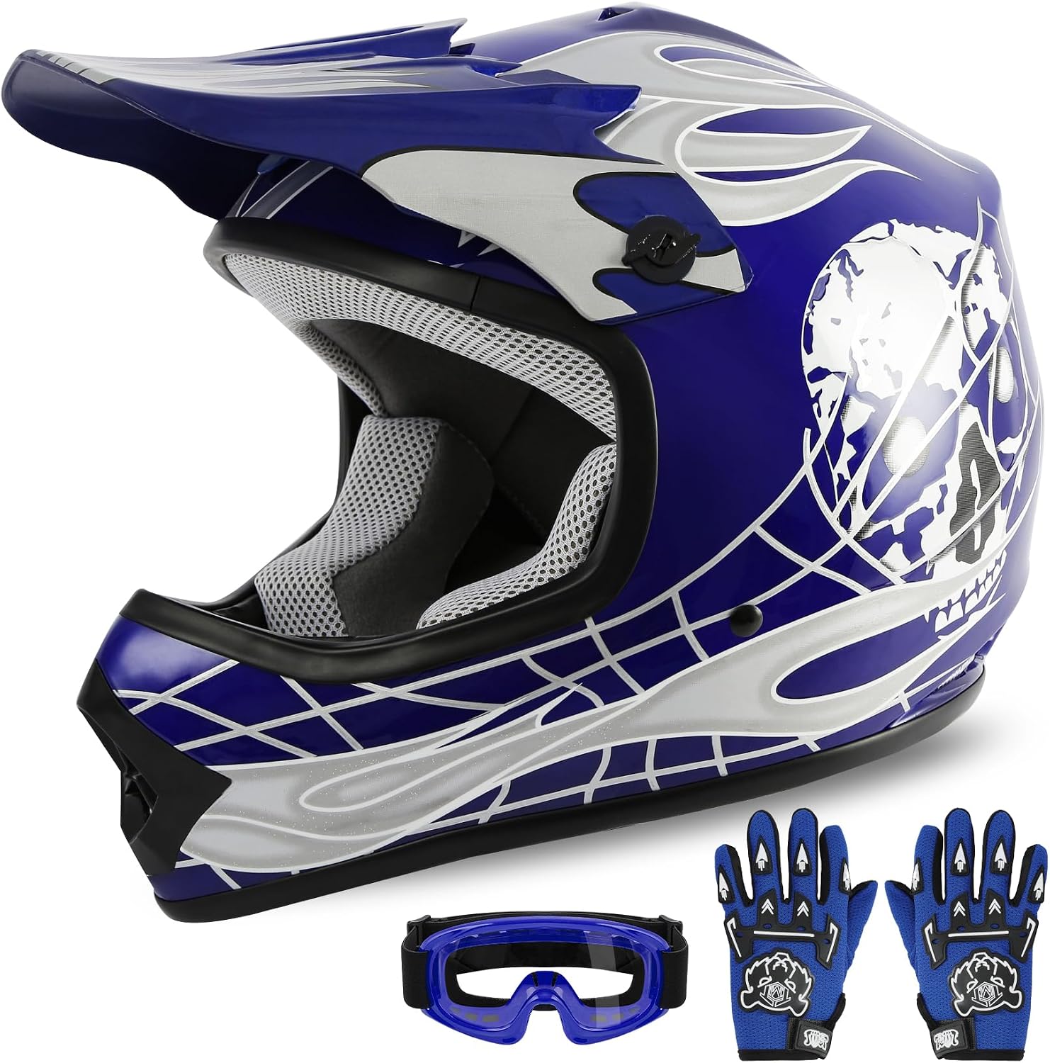 Kids Dirt Bike Helmet Youth Motorcycle Helmet DOT-Certified Full Face Helmets for Motocross ATV Off-Road Street Bike with Goggles & Gloves, Blue Flame Medium | Motorcycle Riding Gear included Goggles & Gloves, Ultra-Lightweight, For ATV UTV Off-Road, Blu…