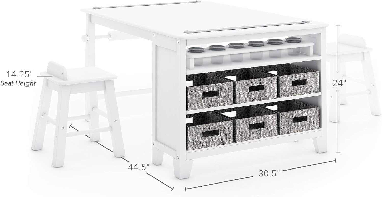 Martha Stewart Kids' Art Table and Chair Set - Linen White: Wooden Kids Play Table for Arts and Crafts | Coloring Desk with Paint Cups