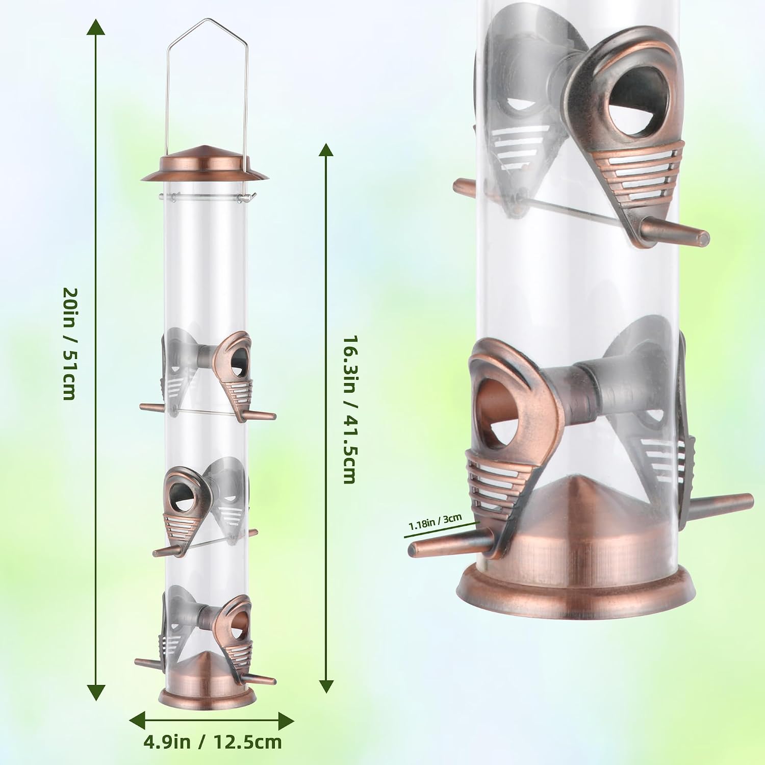 MIXXIDEA 1PK Metal Bird Feeders with 6 Feeding Ports, Tube Bird Feeder with Steel Hanger, Hard Plastic Wild Bird Feeder for Outdoors Hanging