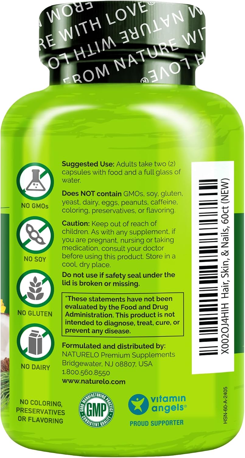 NATURELO Hair, Skin and Nails Vitamins - Biotin, Collagen - 60 Capsules | 5000 mcg, natural vitamin E, healthy skin
