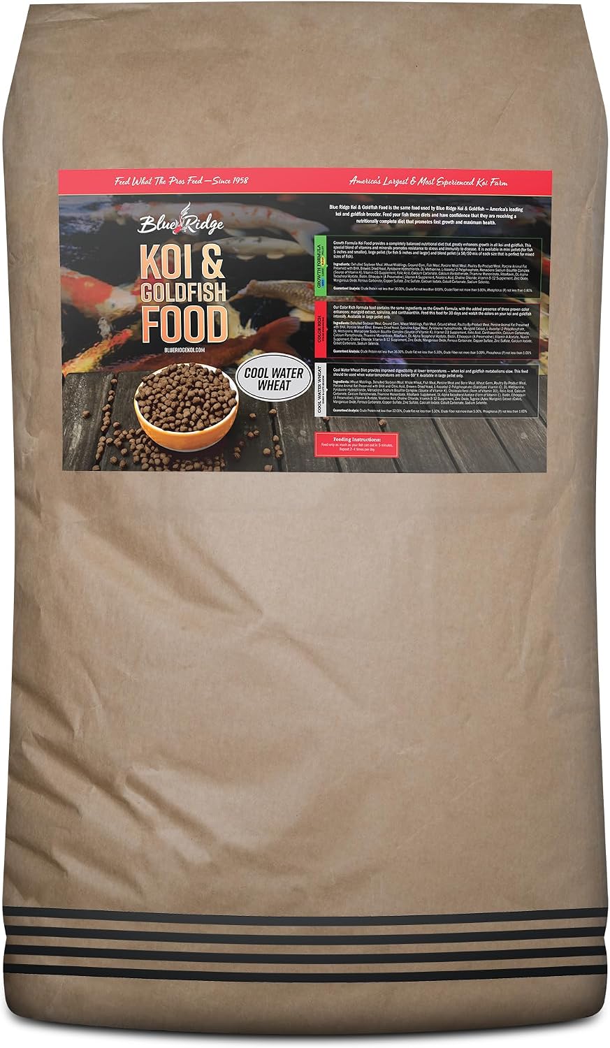 Blue Ridge Koi Fish Food 25lb - Cool Water Wheat 3/16", Fall and Winter Floating Pond Pellets, Ponds Fish Food