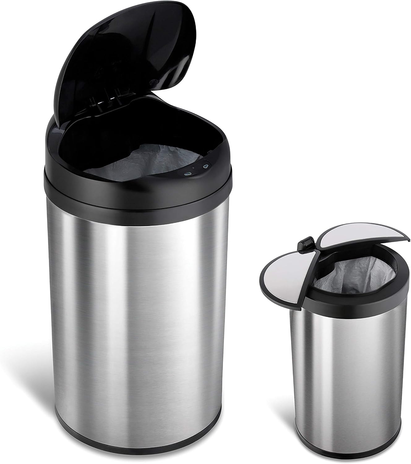NINESTARS CB-DZT-50-98-1C Automatic Touchless Motion Sensor Oval & Rectangular Trash Can Combo Set, 13.2 Gal. 50 L. & 2.1 Gal.8 L., Stainless Steel