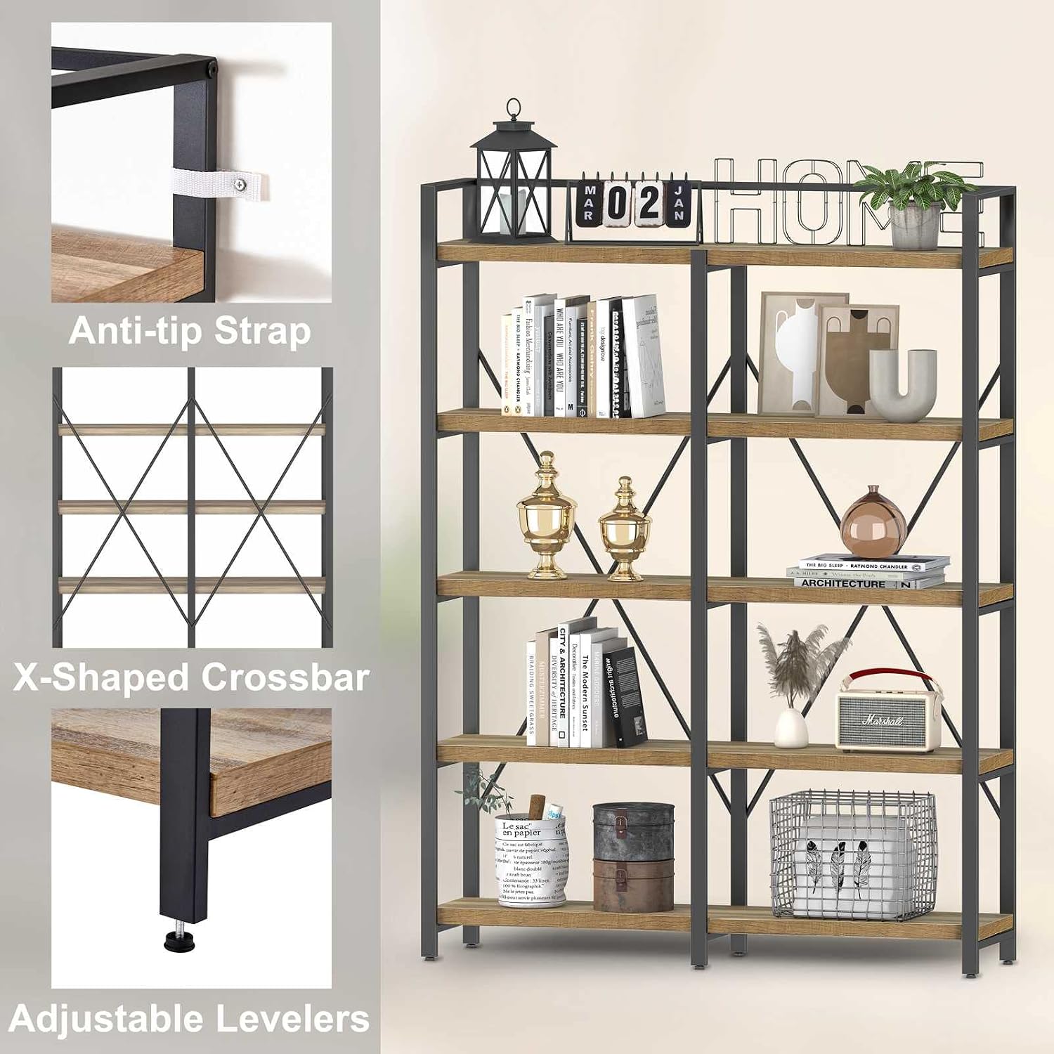 FATORRI Bookshelf, 5 Tier Industrial, 51 Inch Wide 69 Inch Tall Etagere Bookcase
