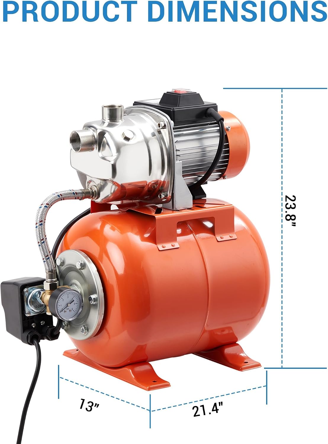1HP Stainless Steel Water Transfer Pump with Well Pressure Tank – Shallow Well Pump & Irrigation Pump Combo, 130ft Max Lift, 20ft Suction Lift, Automatic Pressure Switch for Farm Use