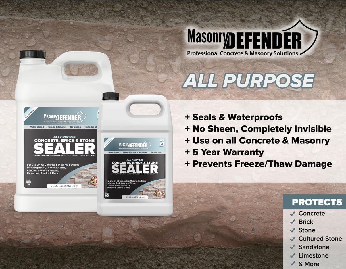 MasonryDefender All Purpose Brick Stone & Concrete Sealer - Transparent Penetrating Waterproof Coating for Outdoor Masonry Surfaces - 1 Gallon