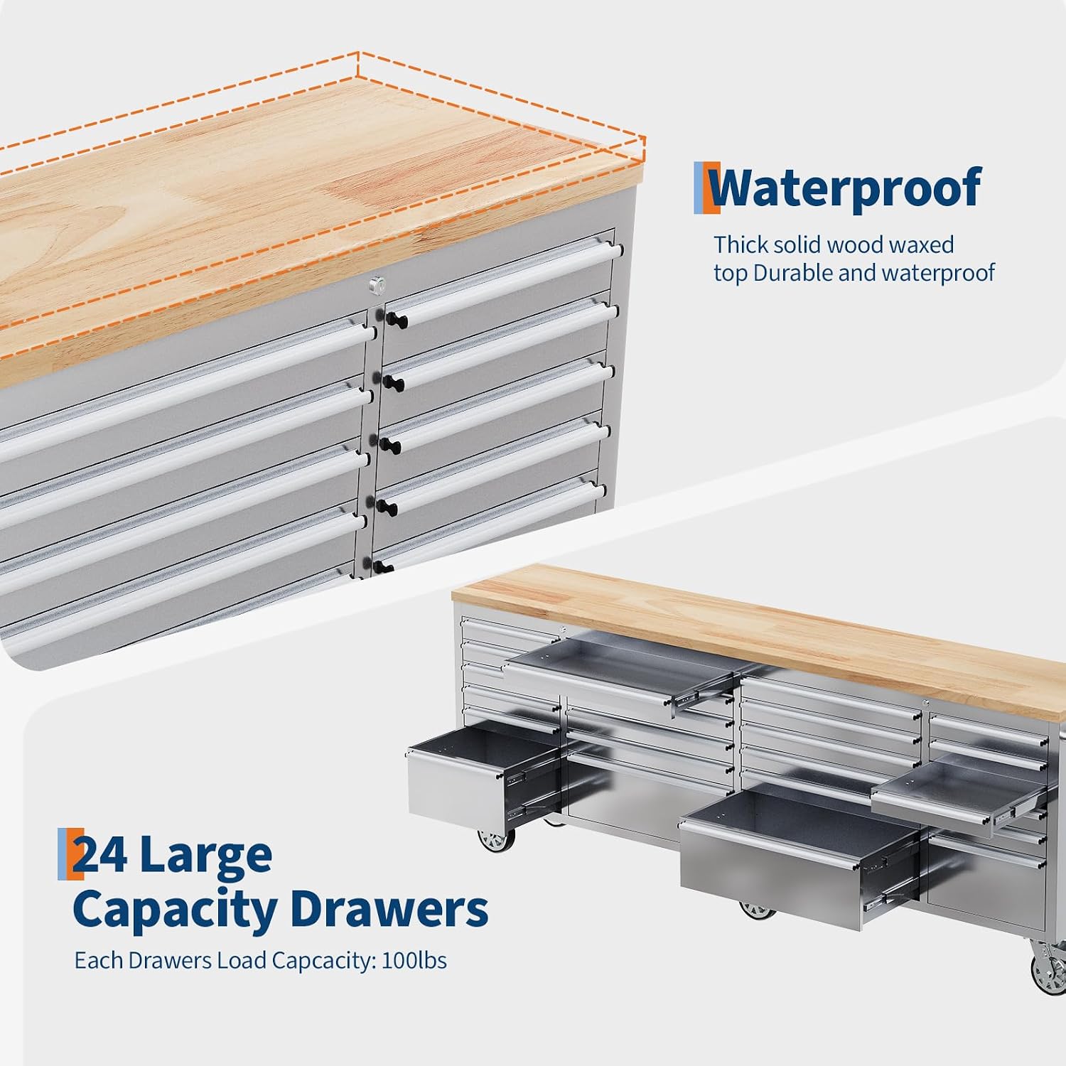 72" Heavy-Duty Rolling Tool Chest & Workbench with 15 Drawers, Steel Rubber Wood Top on Wheels, Key Locking System, Drawer Liners for Garage Warehouse Repair Shop, Black Storage Cabinet.