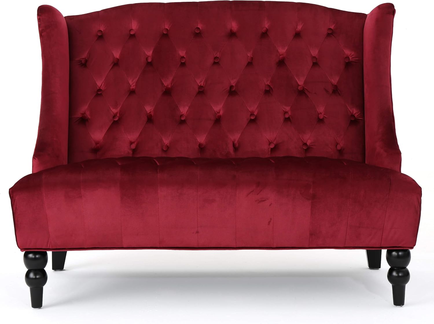 Christopher Knight Home GDFStudio Leona Modern Glam Tufted Velvet Wingback Loveseat, Wine and Dark Brown, 34.00 ''D x 50.25‘’W x 38.50'' H