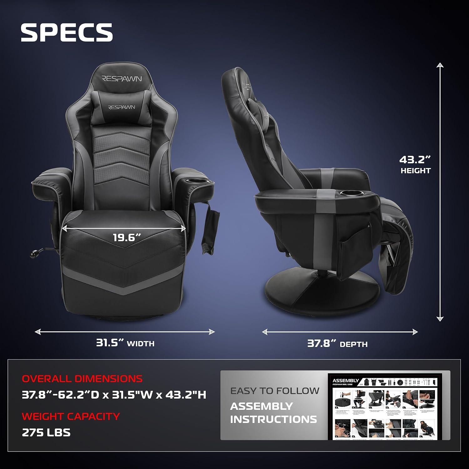 Respawn 900 Gaming Recliner Chair with Footrest, Cup Holder and Swivel