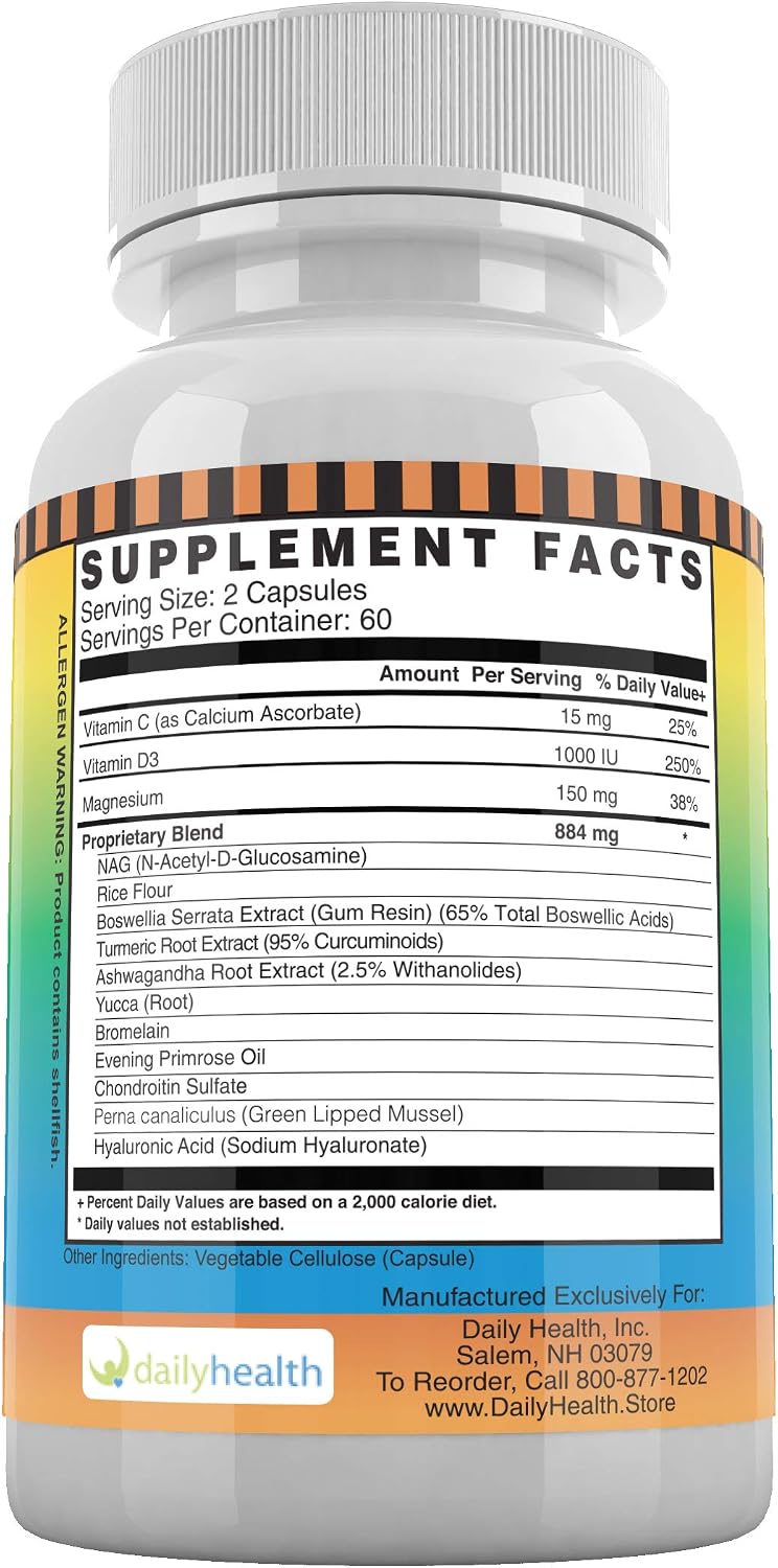 Daily Health, Flexprotex D 884mg Joint Muscle Support 120 Capsules Natural Herbal Turmeric Chondroitin Glucosamine Yucca Boswellia Hyaluronic Acid Ashwagandha D3 Magnesium (1 Month Supply)
