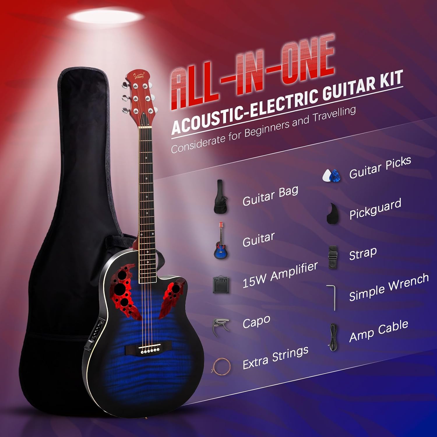 GLARRY 41in Acoustic Electric Guitar, Unique Round-back Design, 6 String Cutaway Guitar Beginner Kit with 15W Amp, EQ, Bag, Strap, Picks, Strings (Black With AMP, Full-Right Handed)