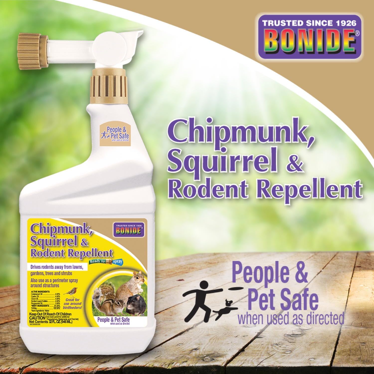 Bonide Chipmunk, Squirrel & Rodent Repellent, 32 oz Ready-to-Spray | For Outdoor Use, Deter Pests from Lawn & Garden