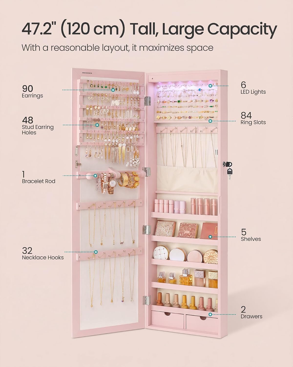 SONGMICS 6 LEDs Mirror Jewelry Cabinet, 47.2-Inch Tall Lockable Wall or Door Mounted Jewelry Armoire Organizer with Mirror, 2 Drawers, 3.9 x 14.6 x 47.2 Inches, White UJJC93W