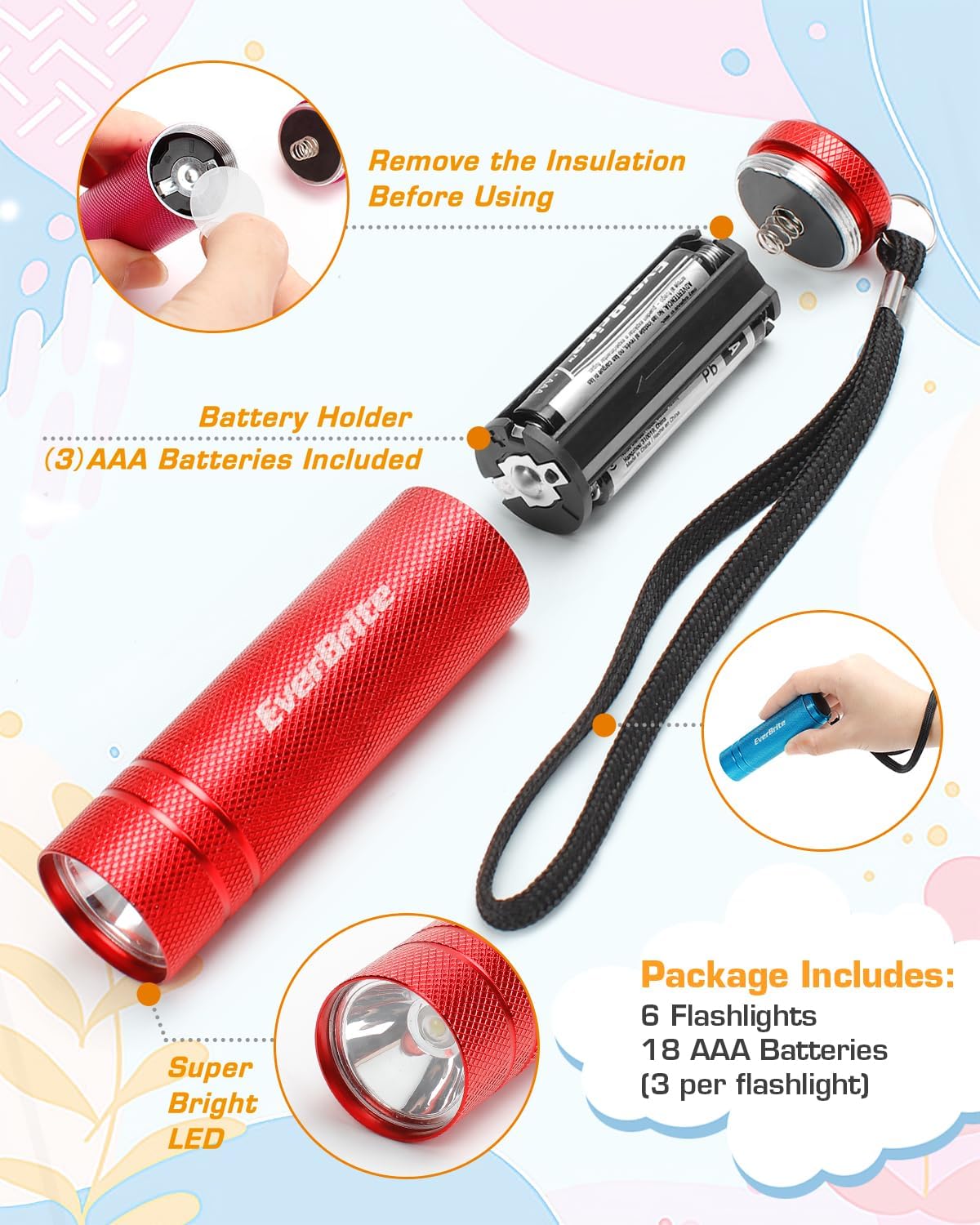 EverBrite 18-Pack Mini LED Flashlight Set,Portable Compact | Ideal for Hurricane Supplies Camping, Night Reading, Cycling, BBQ, Party, Backpacking,with Lanyards & 54 x AAA Batteries