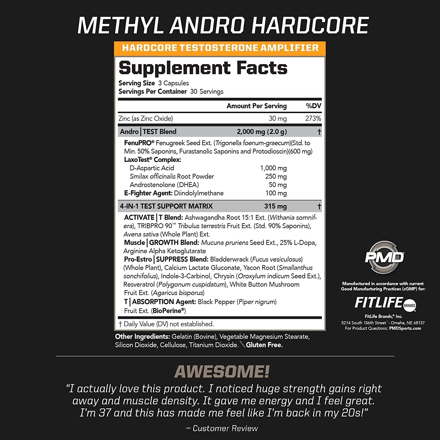 PMD Methyl Andro Hardcore Testosterone Support - 90 Capsules | DHEA and FenuPro, Lean Muscle and Strength Gains Support