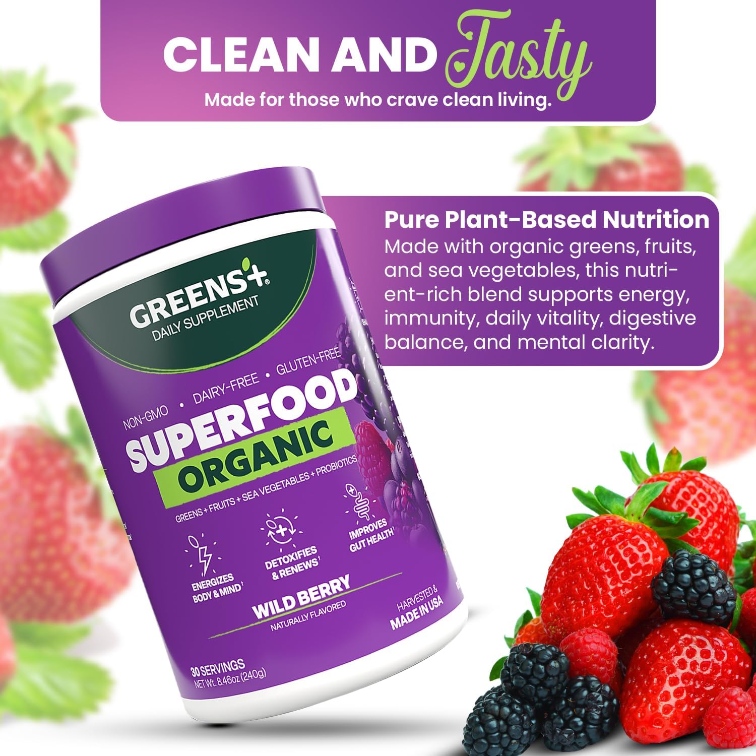 Greens+ Organic RAW Superfood Powder, Dietary Supplement | 8.46oz | Energy Boost | Super Blend Immune Support, Morning Kick, Nutrition Vibrant Health, Vegan, Soy Free | Dairy Free | Gluten Free