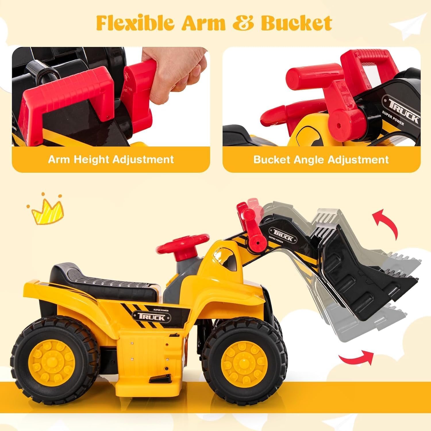 Costzon Ride on Excavator, Ride on Construction Vehicles w/Helmet, 3 Toy Stones, Realistic Sound, Adjustable Bucket & Under Seat Storage, Bulldozer Ride on Toy Gift for Kids Boys & Girls