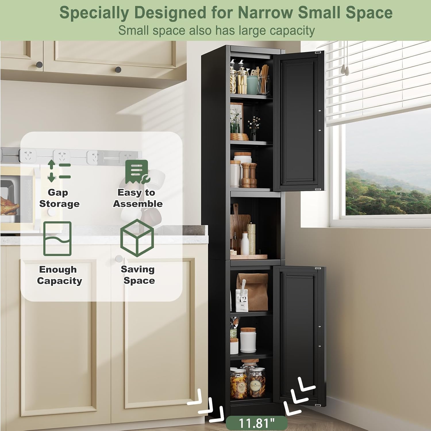 pozdeg 67" Tall Narrow White Metal Storage Cabinet | 2 Doors, 4 Adjustable Shelves, Freestanding Slim Pantry Organizer for Bathroom Kitchen Living Room