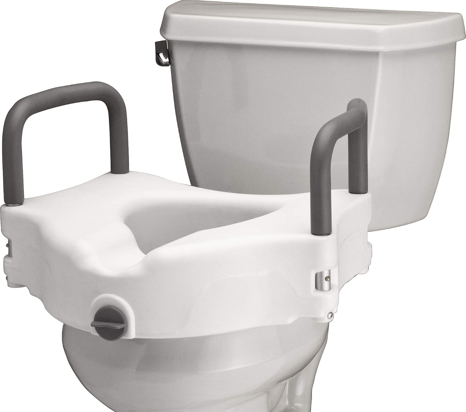 NOVA Toilet Seat Riser with Arms – Adds 5” Height, Raised Toilet Seat with ON/Off Front Lock, Adjustable & Removable Padded Arms (17.75”–20”), 300 lb Capacity, Safety Aid for Seniors