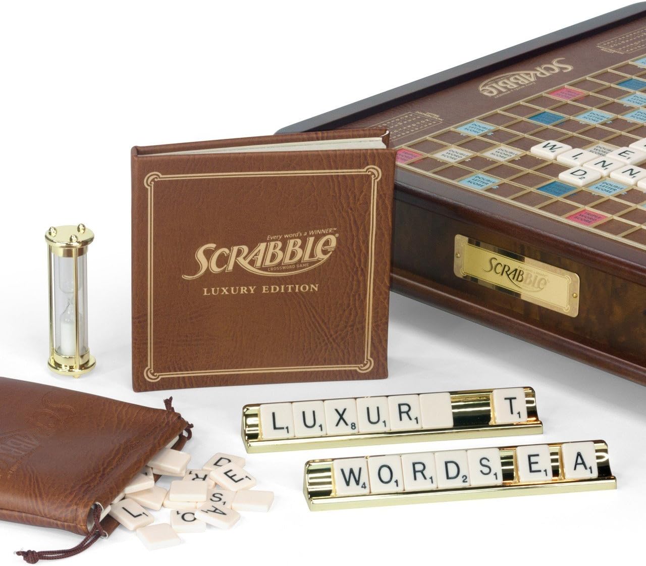 WS Game Company Scrabble Luxury Edition Rotating Wooden Board Game Set | Classic Word Game, Luxurious Wood Cabinet, Rotating Game Board