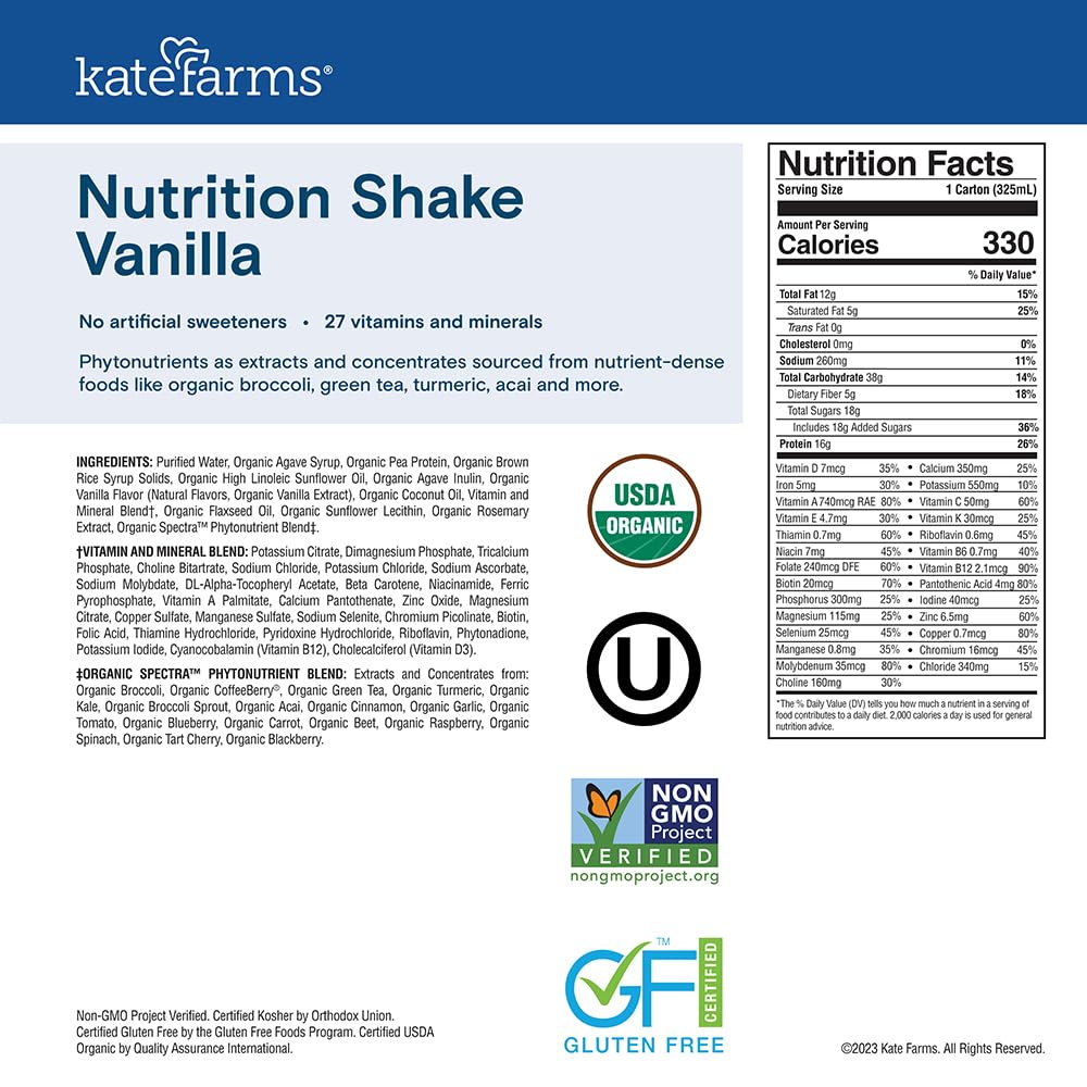 KATE FARMS Organic Nutrition Shake, Chocolate, 16g Protein, 12 Pack