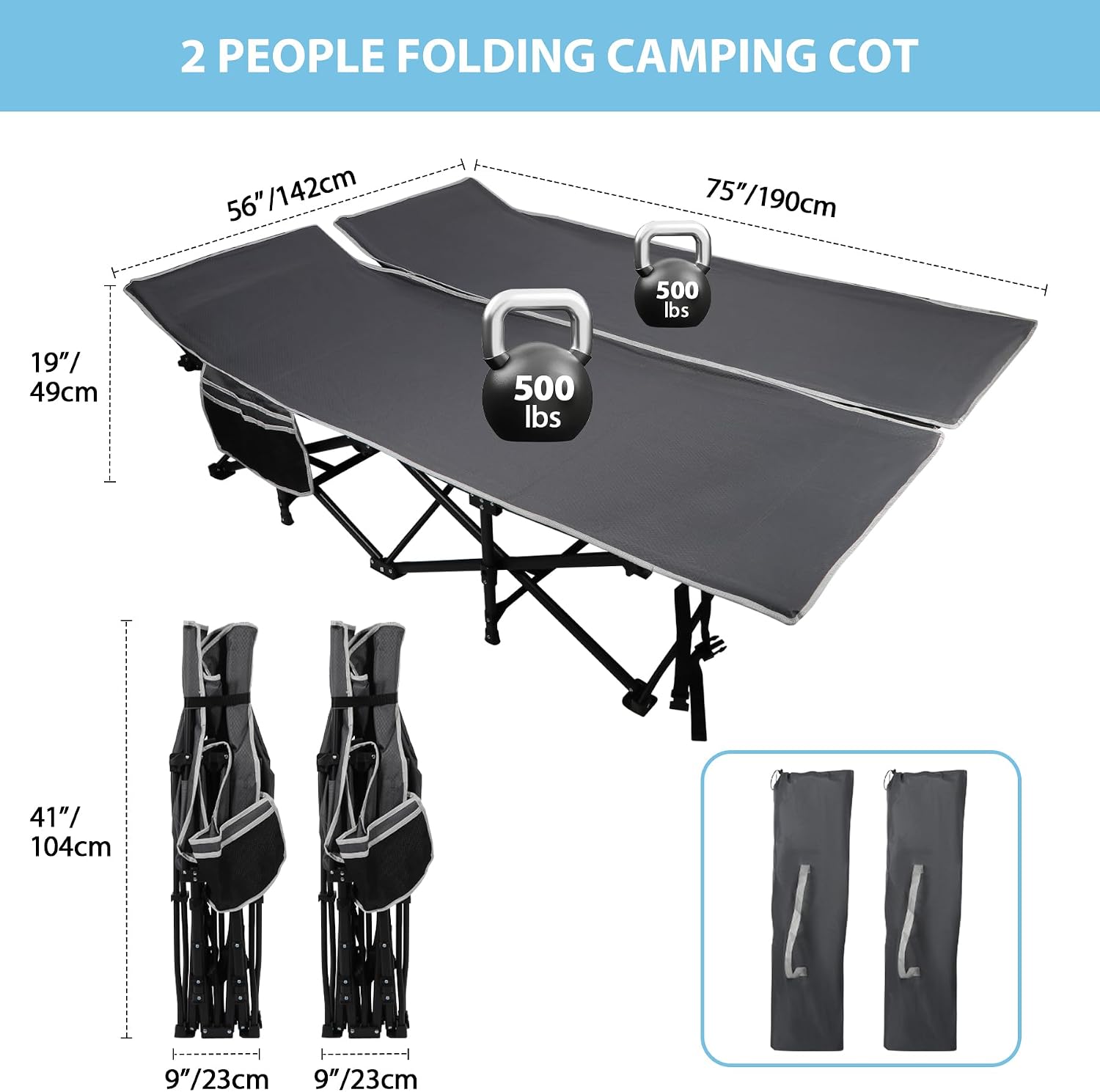 REDCAMP Oversized Camping Cots for Adults 500lbs, 33.5'' Extra Wide Tall Sleeping Cots Heavy Duty, XL Cots Portable for Outdoor Indoor Office