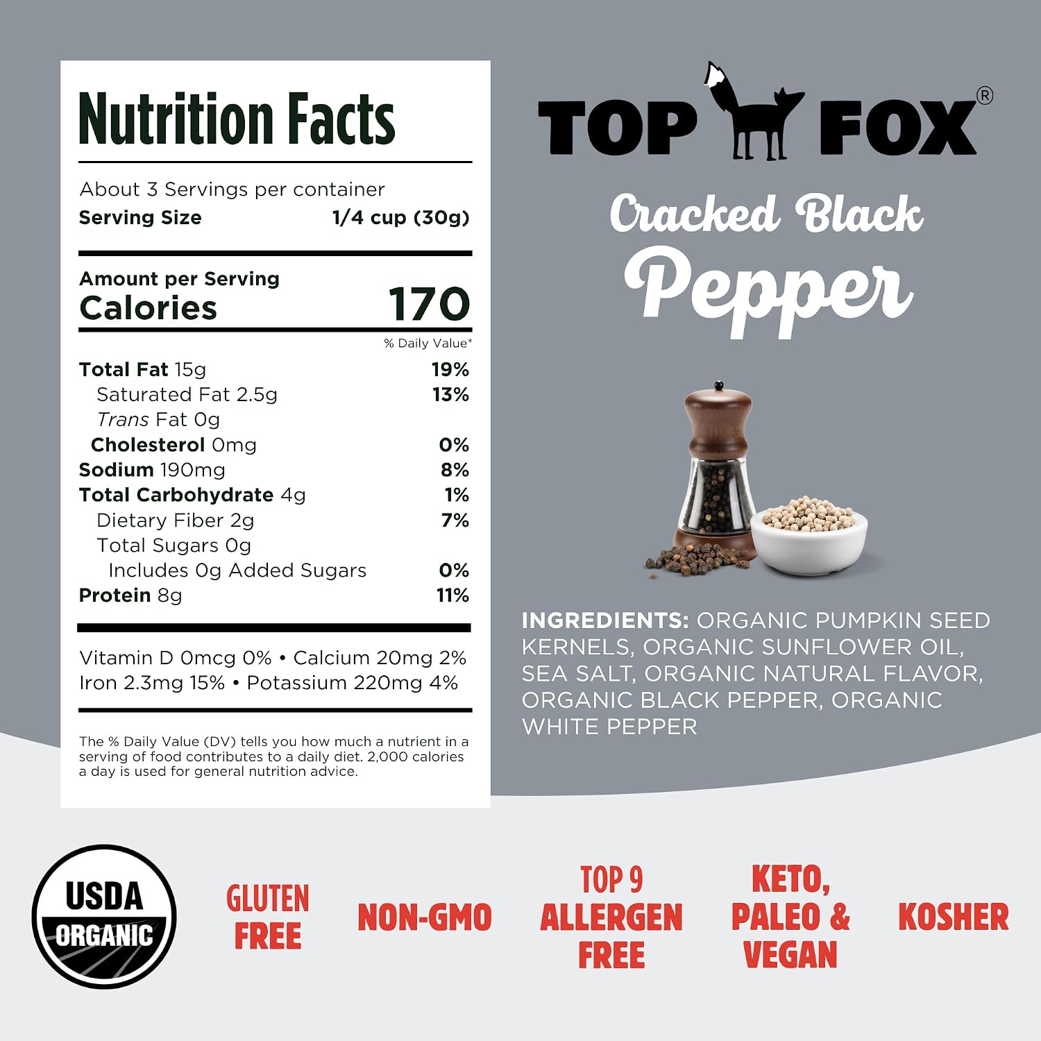Top Fox Snacks - Organic Pop-Roasted Pumpkin Seeds | Healthy Protein Snacks - Gluten Free - Keto and Vegan Friendly (Himalayan Salt, 3.5 oz - 2 Pack)