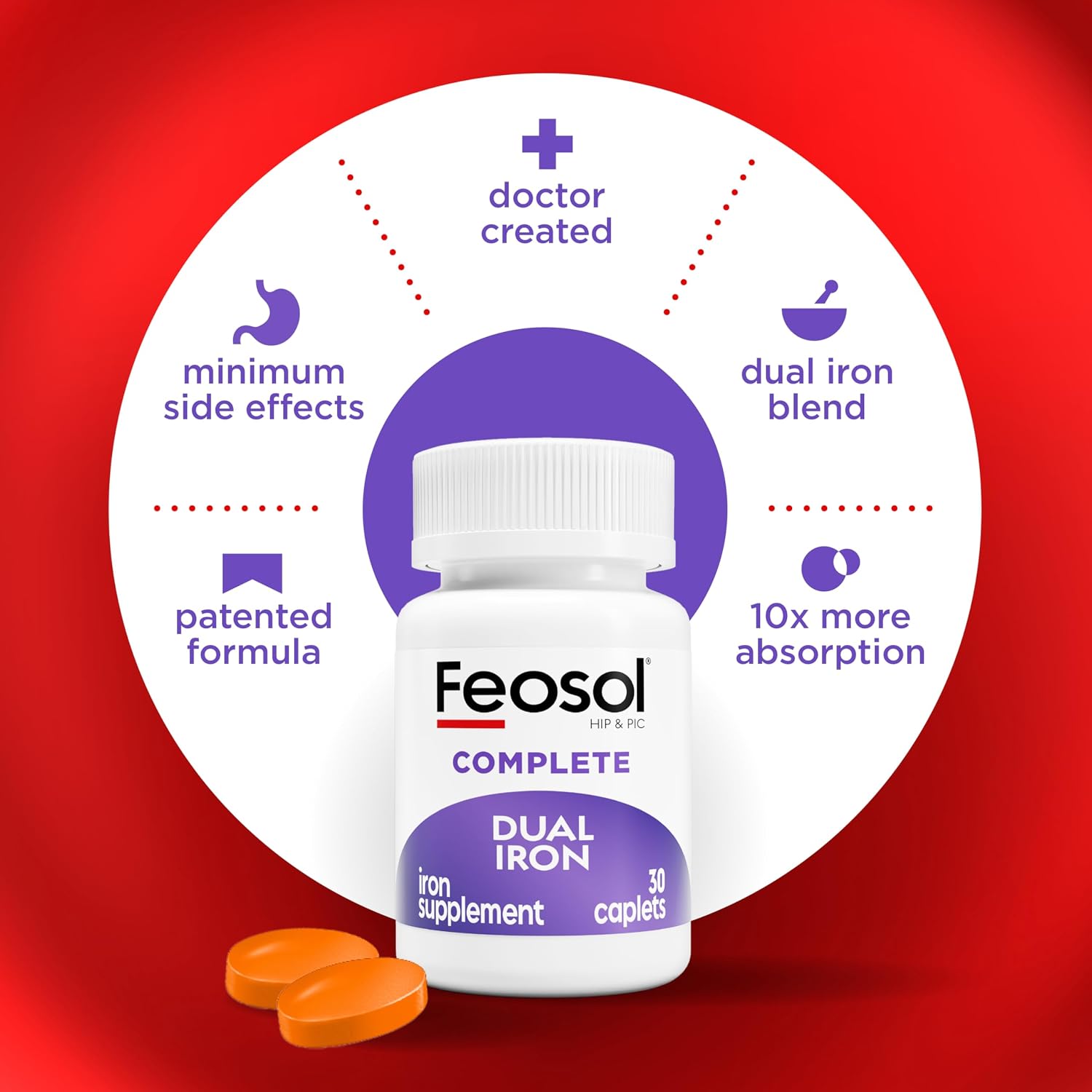 Feosol Complete Iron Supplement Caplets, Bifera Iron for High Absorption, Heme and Non-Heme Dual Action Minimizes Side Effects, 1 Per Day, for Energy and Immune System Support, Made in USA, 30 Count