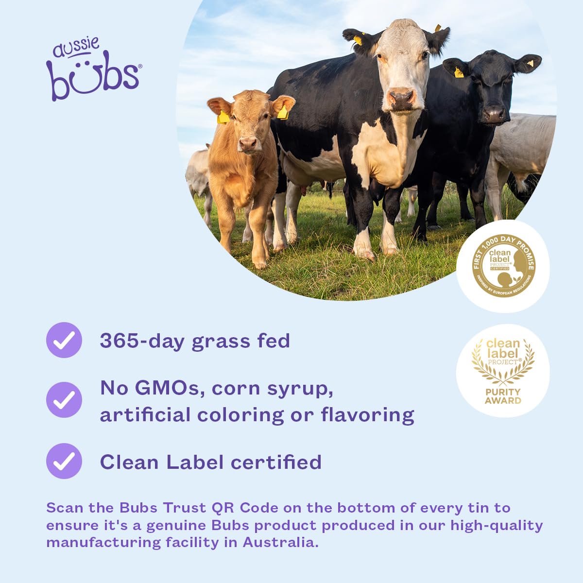 Bubs 365 Day Grass Fed Infant Formula for 0-12 Months, Non-GMO Milk, 20oz | Cow Milk-Based Powder with Iron, DHA, Prebiotics & Probiotics to Support Gentle, Digestive Health