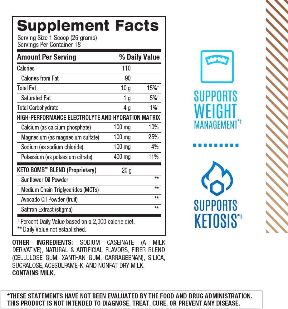 BPI Sports Keto Bomb Coffee Creamer - Supports Energy and Hydration - MCT and Electrolytes - with Calcium - Caramel Macchiato, 18 Servings