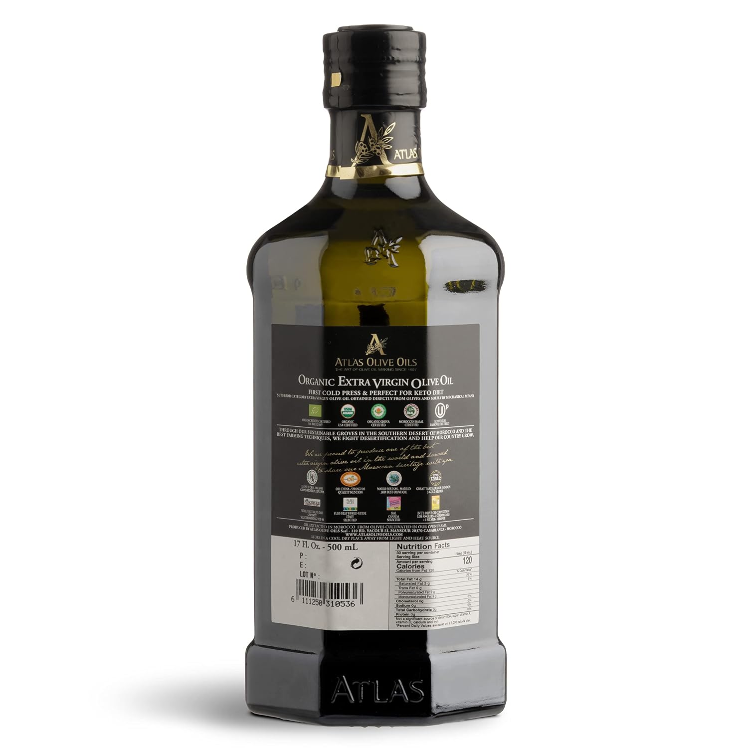 Atlas Organic Extra Virgin Olive Oil, Moroccan, High Polyphenol, 750 mL | Cold Pressed EVOO With High Smoke Point, Trusted By Award-Winning Chefs, One Family Farm, Polyphenol-Rich & Smooth Finish