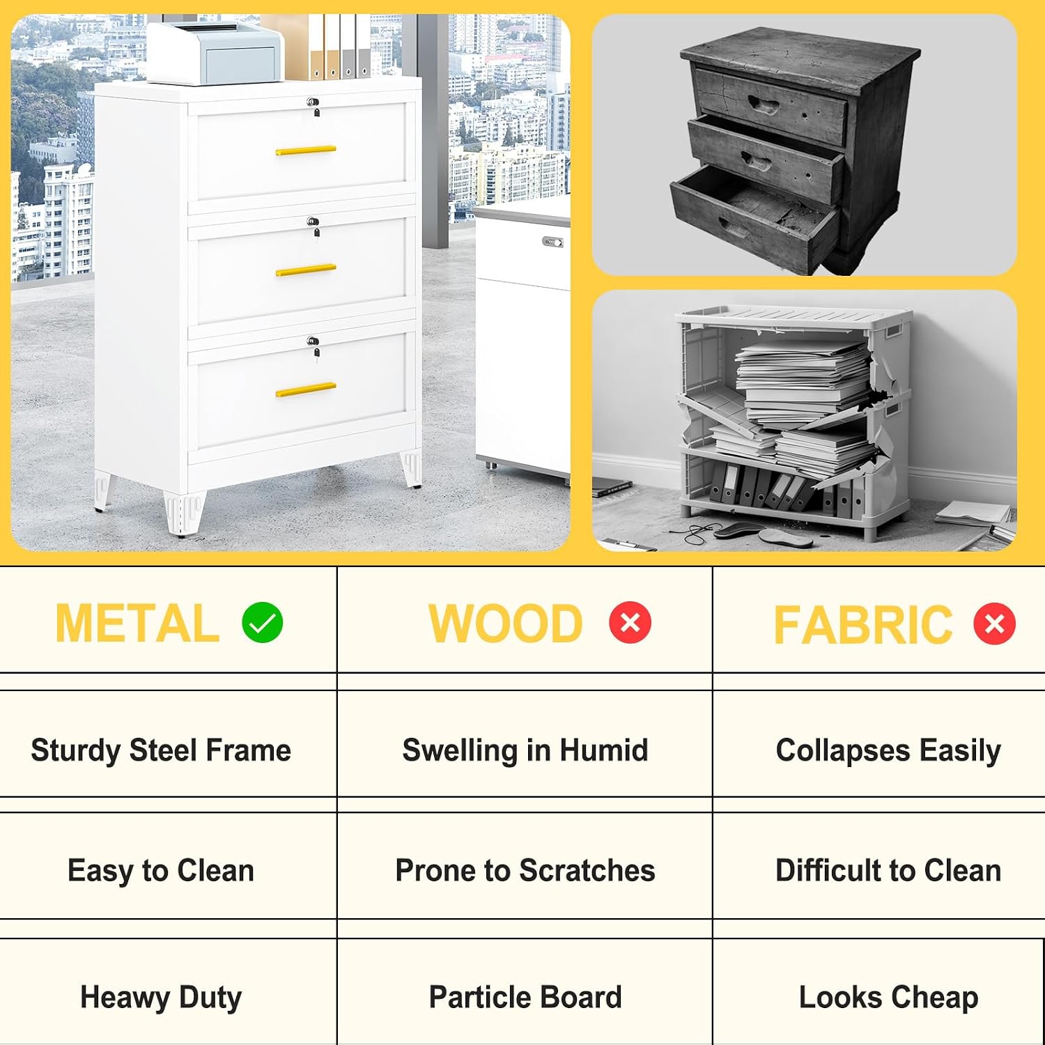 3 Drawer File Cabinet, Office Mobile Filing Cabinet, Printer Stand | All-in-One Office Storage, 3 Storage Drawers, 2 Adjustable Shelves, Lockable Cabinet, 4 Casters, 46.5-Inch Top