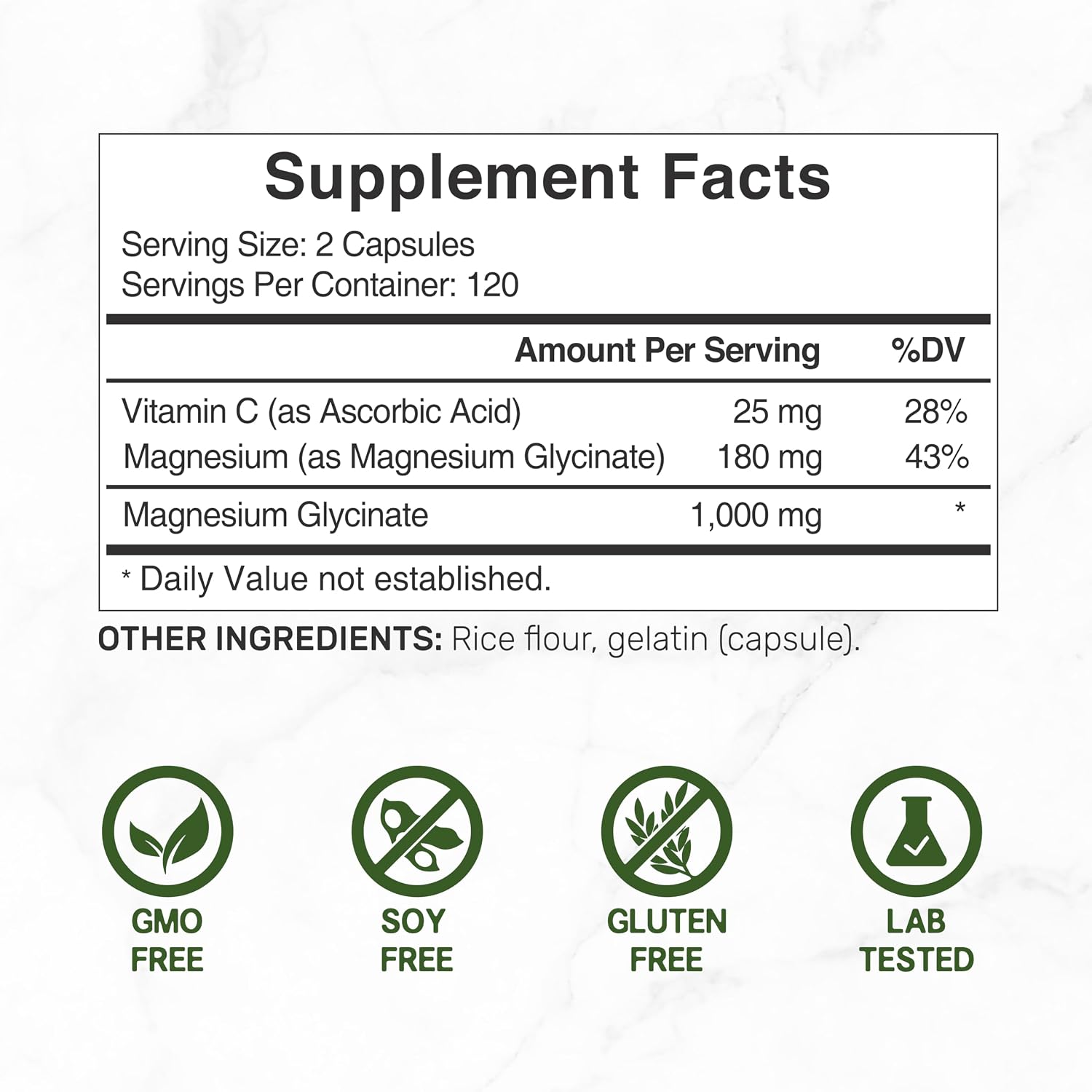 Magnesium Glycinate 500mg Per Capsule (1000mg Per Serving) Plus Vitamin C