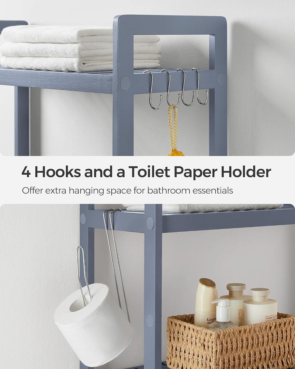 SONGMICS Over The Toilet Storage, 3-Tier Over Toilet Bathroom Organizer with Adjustable Shelf, 10.2 x 24.8 x 66.9 Inches, Space-Saving, Cloud White UBTS01WT