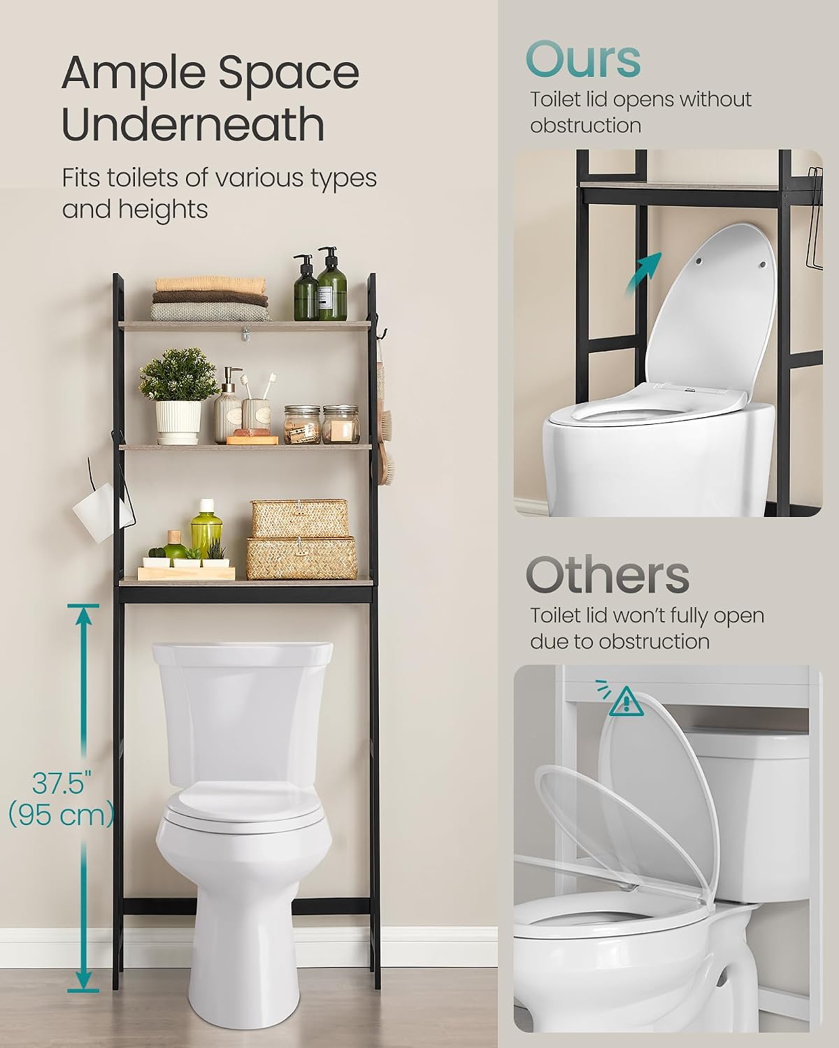 SONGMICS Over The Toilet Storage, 3-Tier Over Toilet Bathroom Organizer with Adjustable Shelf, 10.2 x 24.8 x 66.9 Inches, Space-Saving, Cloud White UBTS01WT