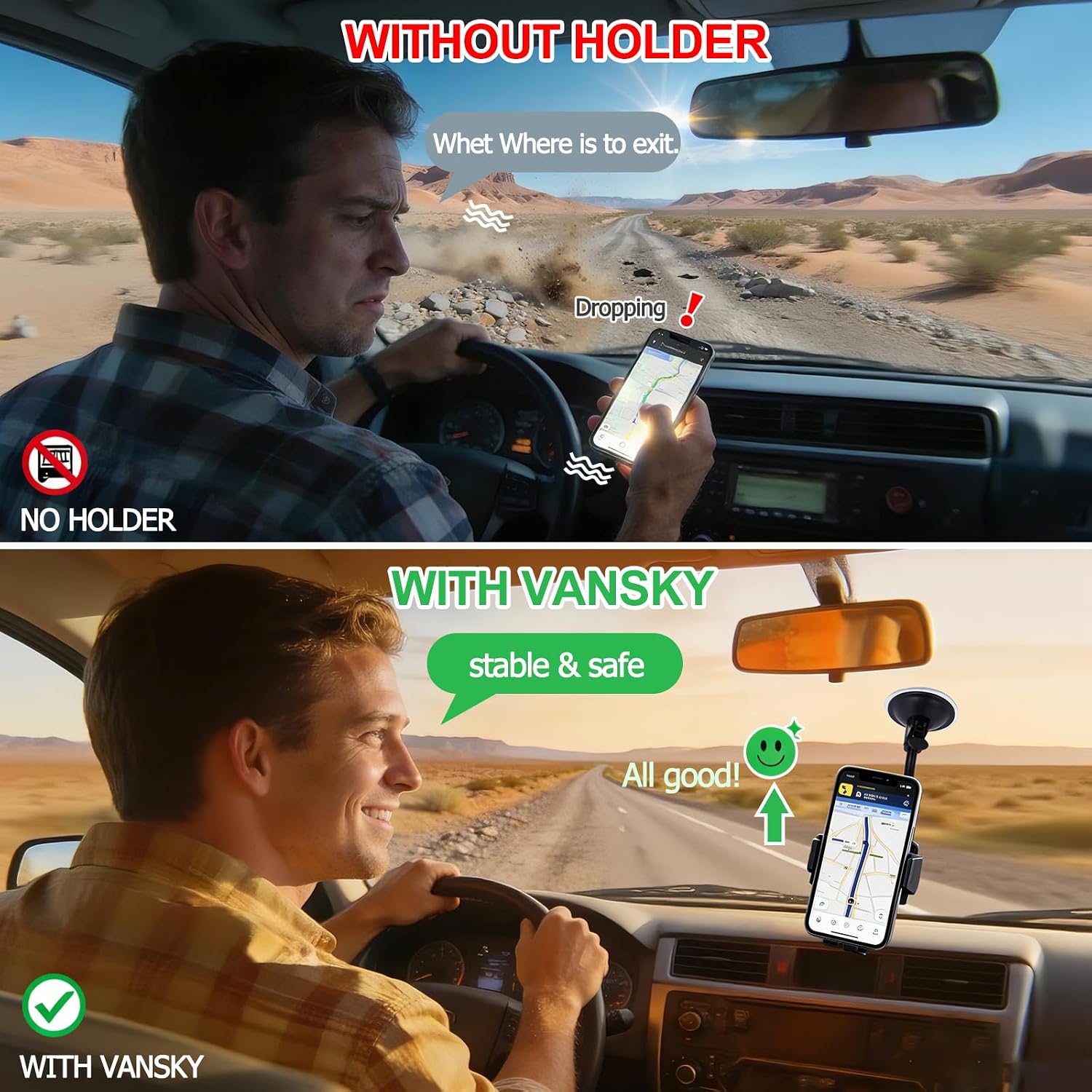 Vansky Stable Car Phone Holder: Clear Picture Even Over Speed Bumps | 3-in-1 Mount for Windshield Dashboard & Air Vent - Rock-Solid Grip on Potholes