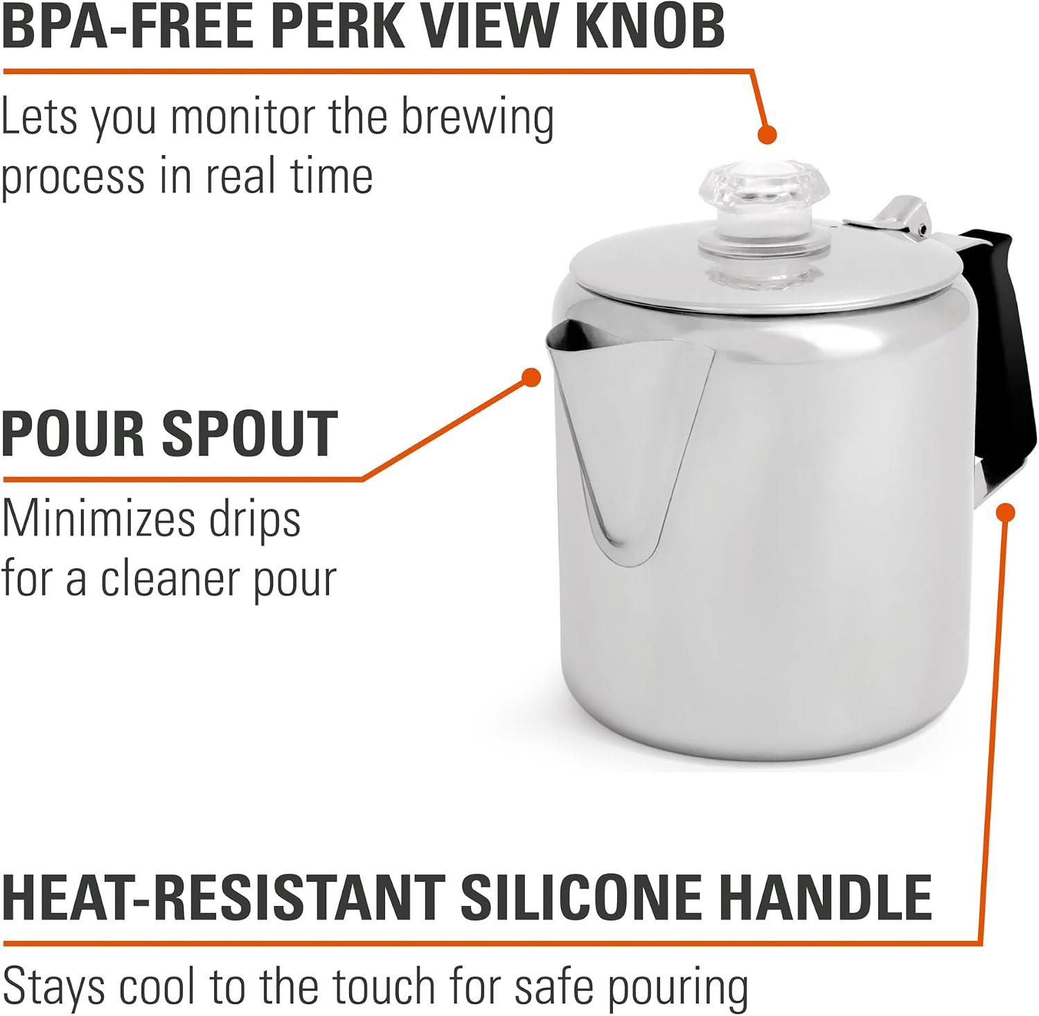 GSI Outdoors Percolator Coffee Pot I Glacier Stainless Steel with Silicone Handle for Camping, Backpacking, Travel, RV & Hunting - Stove Safe