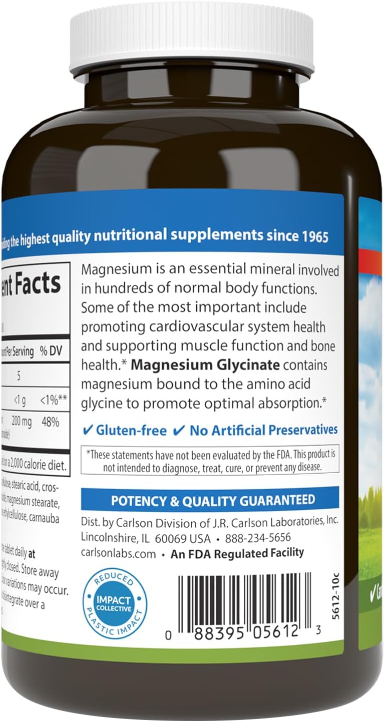 Carlson Chelated Magnesium Glycinate, 200 mg, Muscle Function, 180 Tablets | Superior Absorption; Bone Support
