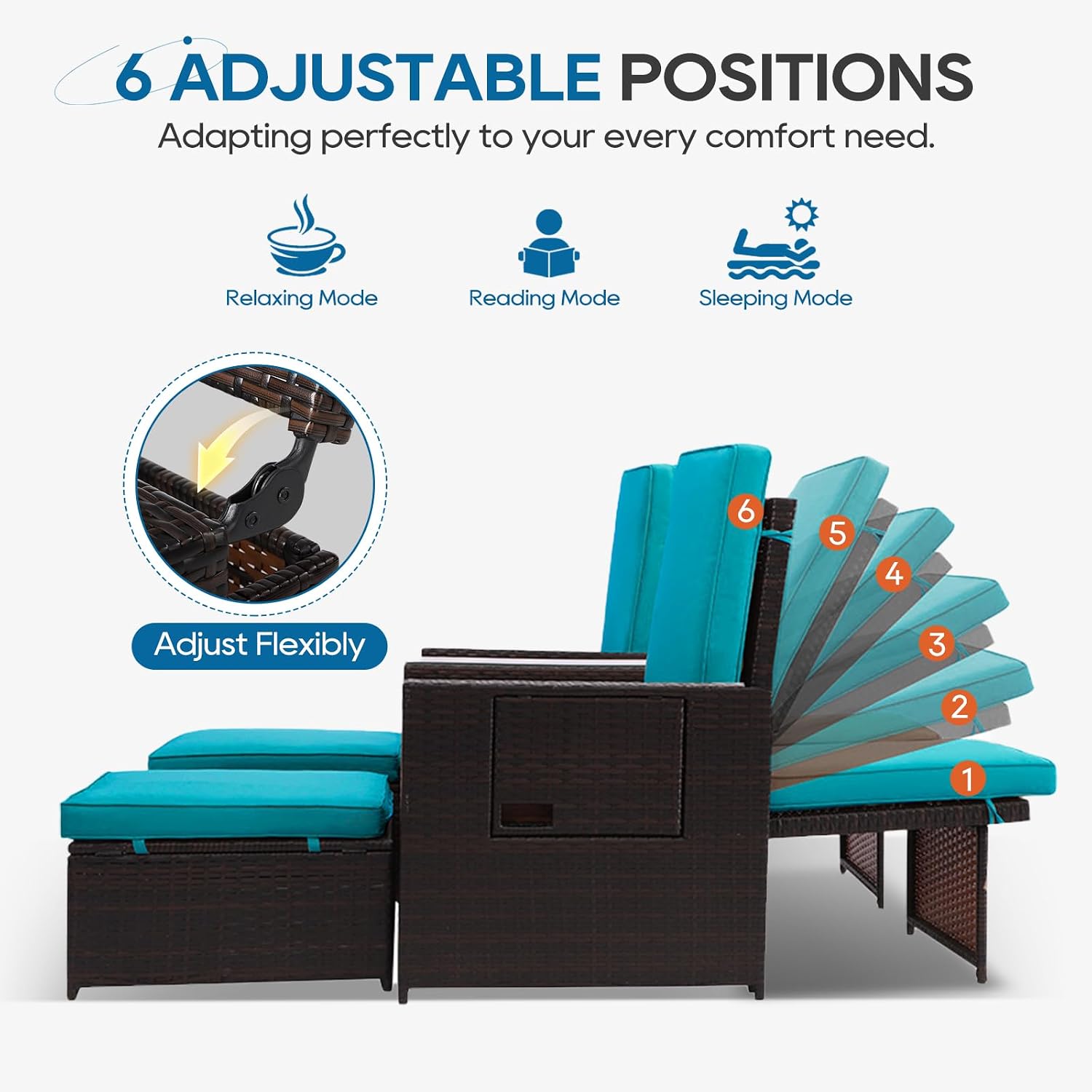 5PCS Outdoor Wicker Chaise Lounge Chair - Rattan Adjustable Reclining Patio Lounge Chair with Ottoman and Coffee Table