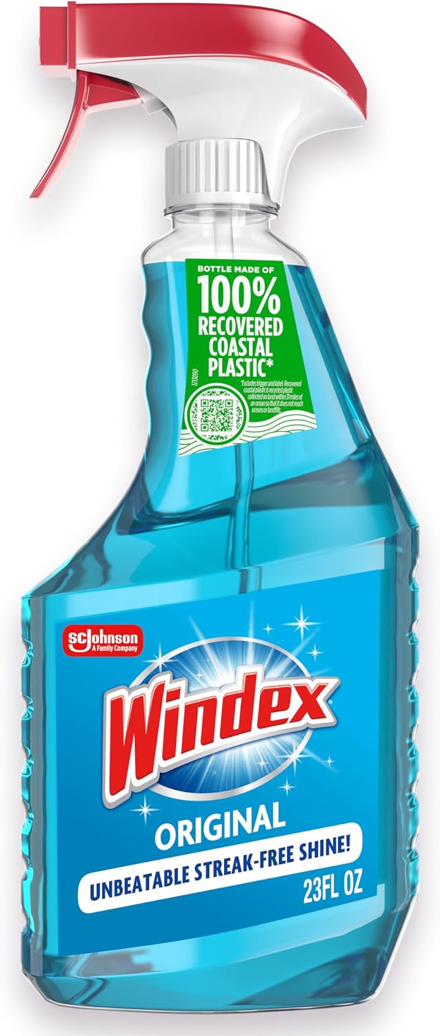 Windex refill glass and window cleaner, made from 100% recycled plastic, surface cleaning spray, original blue scent, 2L (67.6 fl oz)