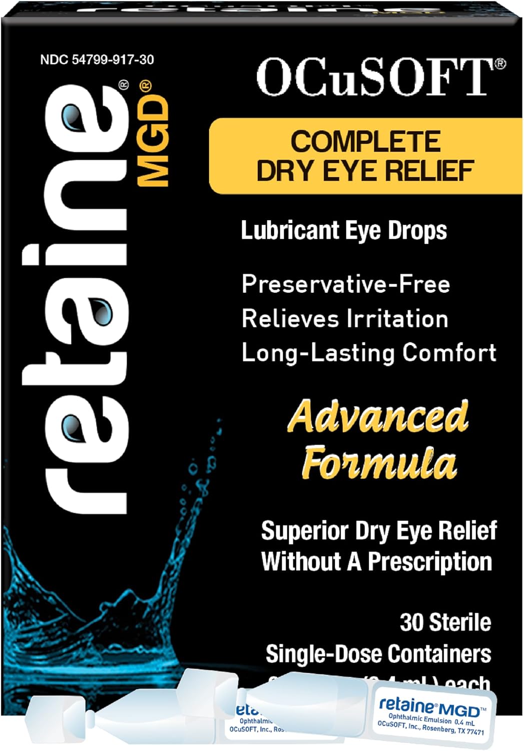 OCuSOFT Retaine MGD Ophthalmic Emulsion - Complete Dry Eye Relief - Soothes Red & Irritated Eyes - 30 Count Preservative-Free Single-Use Containers