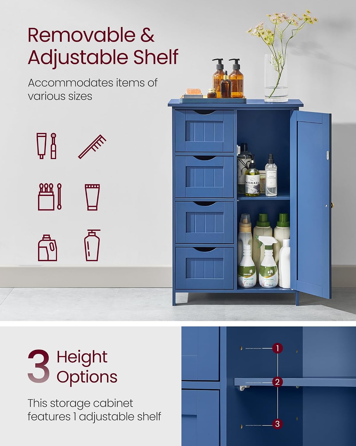 VASAGLE Floor Storage Cabinet, Freestanding Storage Unit with 2 Adjustable Shelves, for Bathroom Living Room Dining Kitchen, 11.8 x 23.6 x 31.5 Inches, Cloud White UBCB60WV1