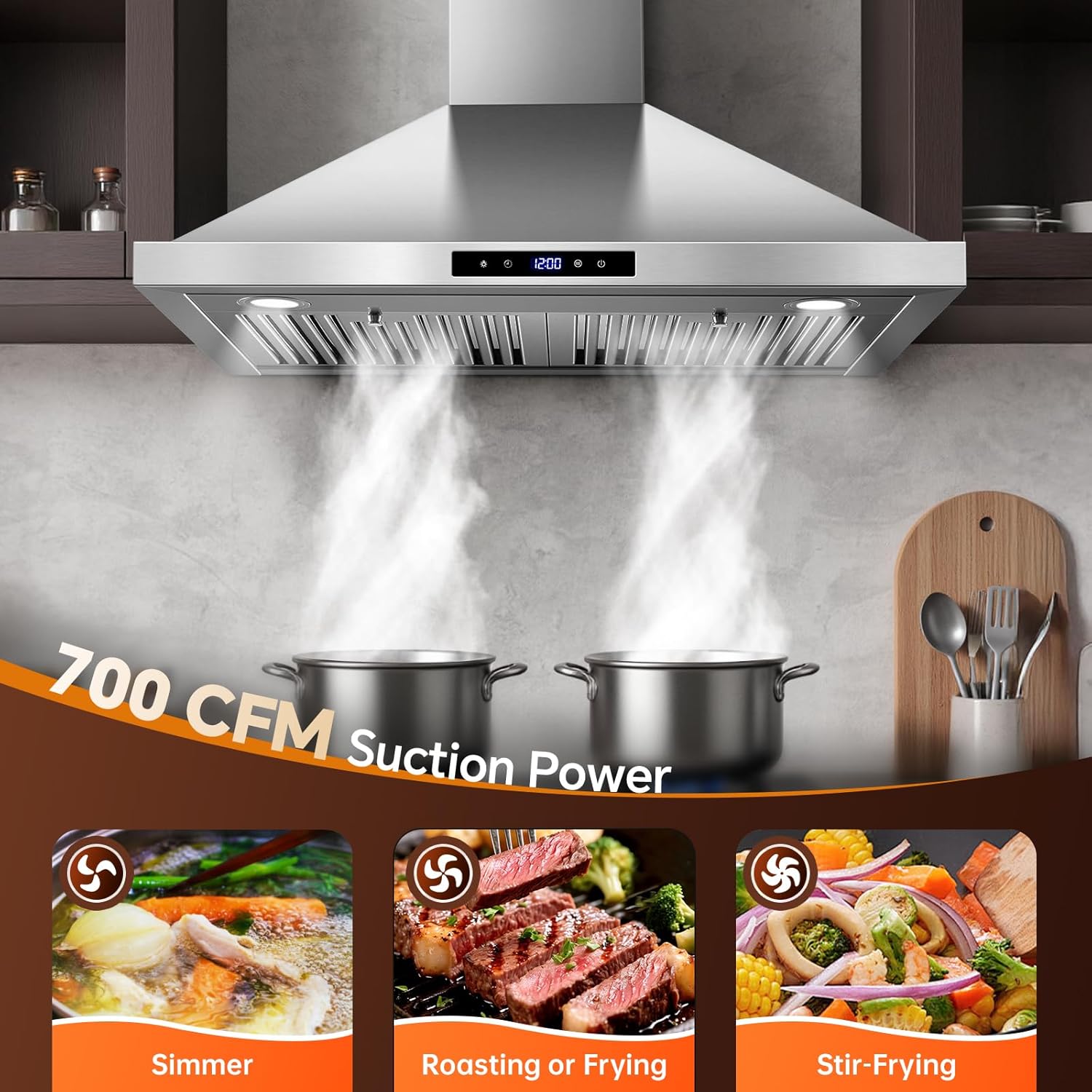 Tieasy Wall Mount Range Hood 30 inch Kitchen Hood 700 CFM with Ducted/Ductless Convertible Duct, Touch Control, Permanent Filters, Stainless Steel