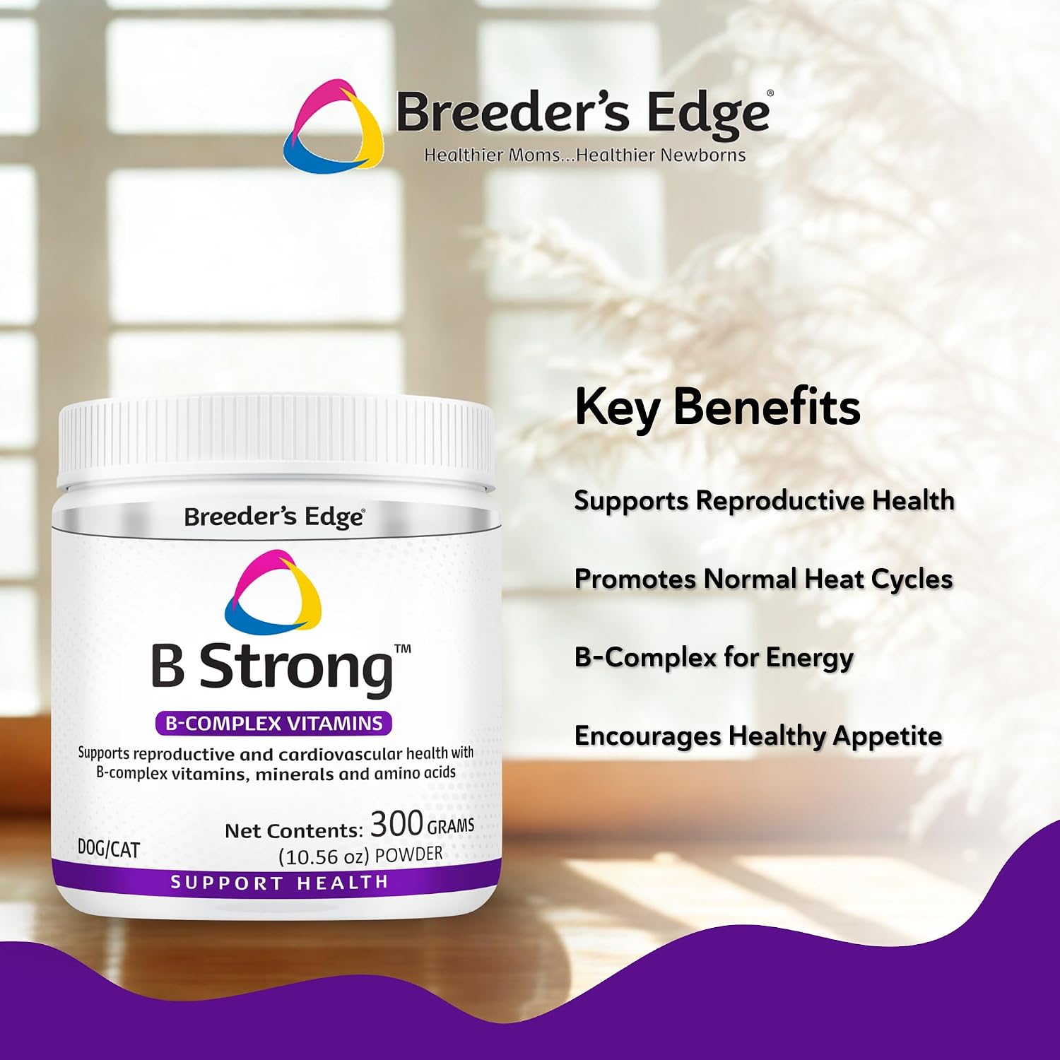Breeder’s Edge B Strong Powder, B-Complex Vitamin Supplement for Dogs and Cats, Supports Reproductive Health, Promotes Normal Heat Cycles, and Helps Maintain Energy, 300g