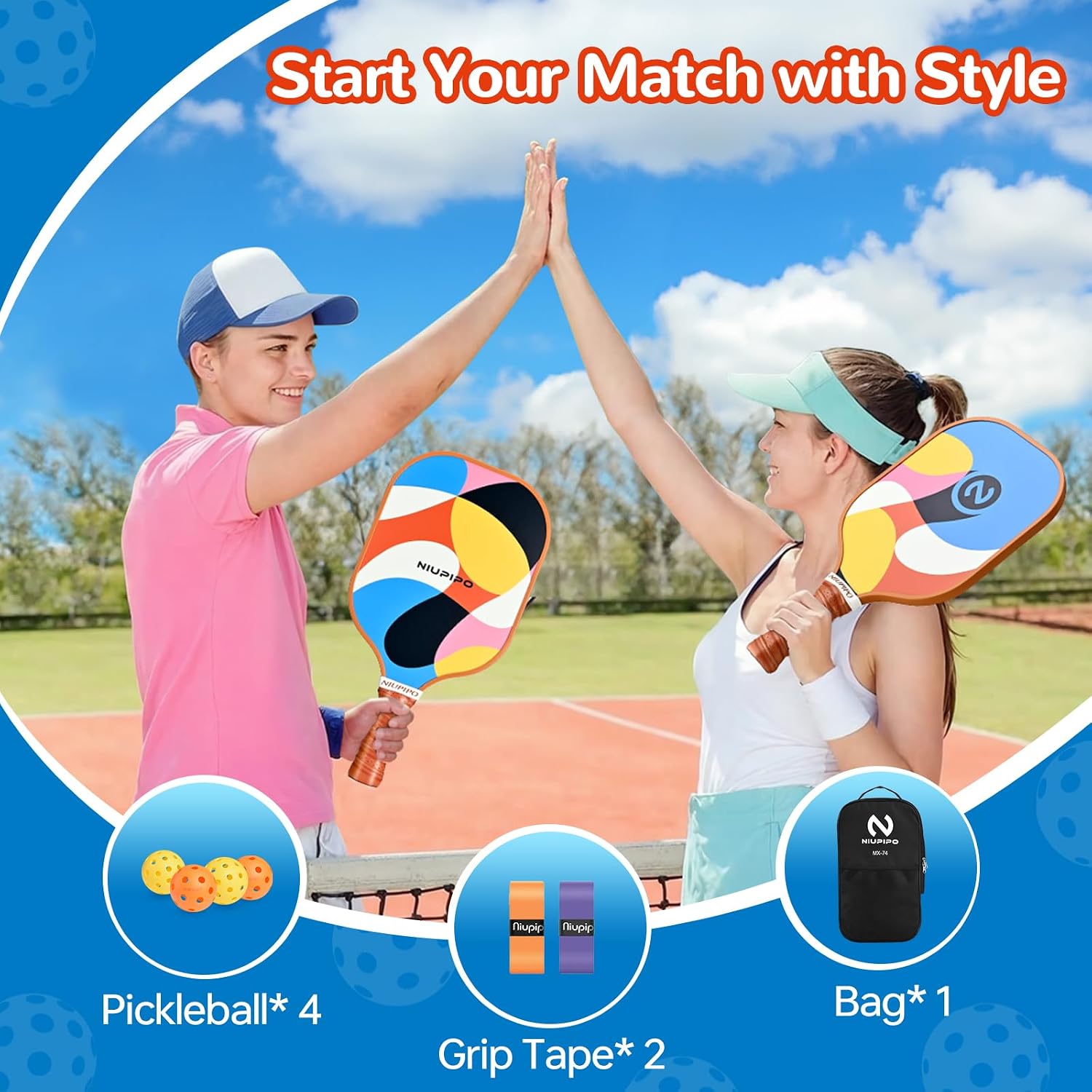 niupipo Pickleball Paddles Set of 2 or 4, USAPA Approved Fiberglass Pickleball Paddle Set with Balls and Bag, Polypropylene Honeycomb Core