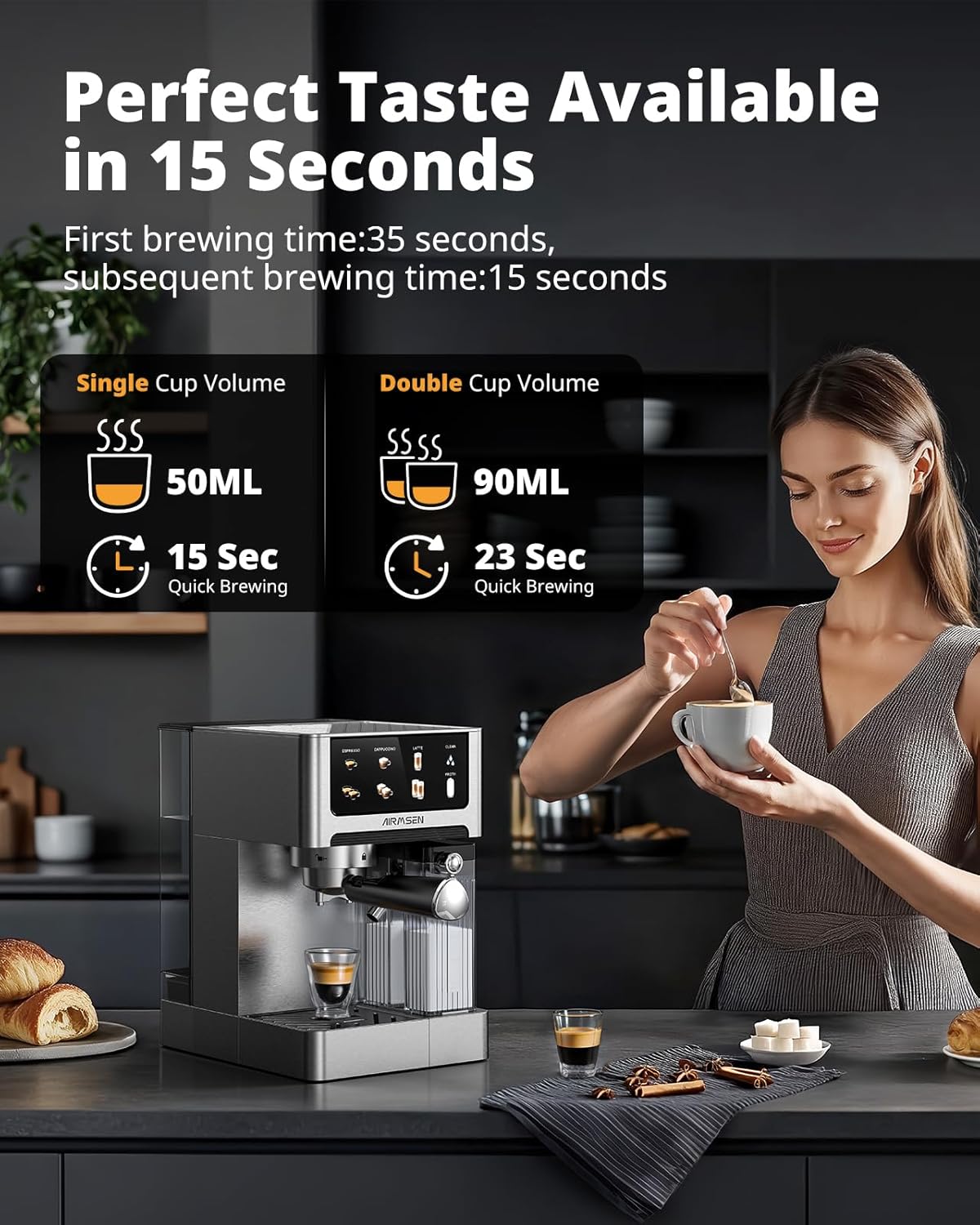 AIRMSEN 20 Bar Espresso Machine with Automatic Milk Frother, Cappuccino & Latte Coffee Maker with Quick Brew Dual Boiler (1350W + 1000W)