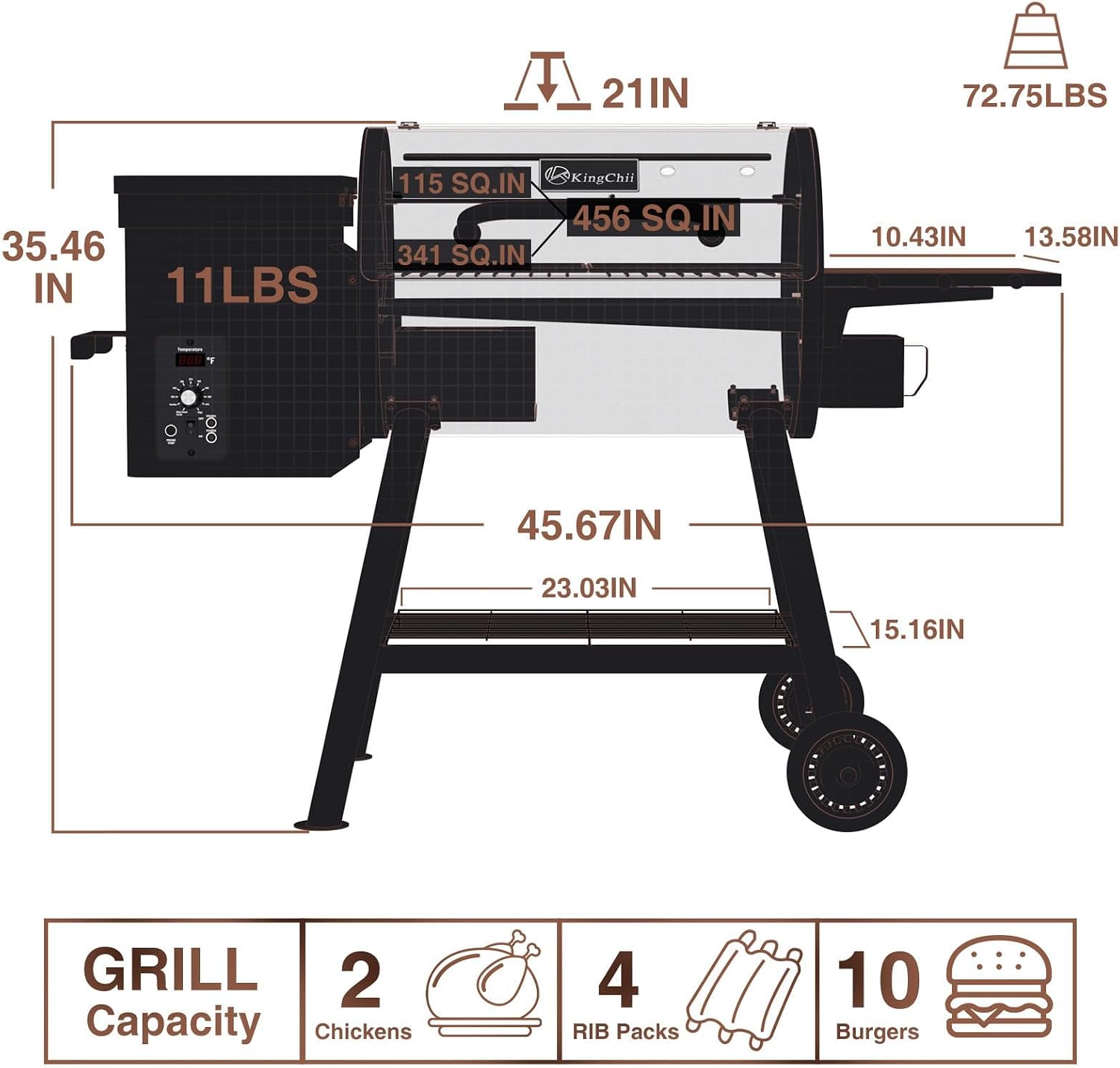 KingChii Electric Wood Pellet Grill & Smoker with Side Shelf, 456 SQ.IN Grill Capacity, with PID Temperature Control (180-425°F) for Backyard Camping Bake and Roast, Black