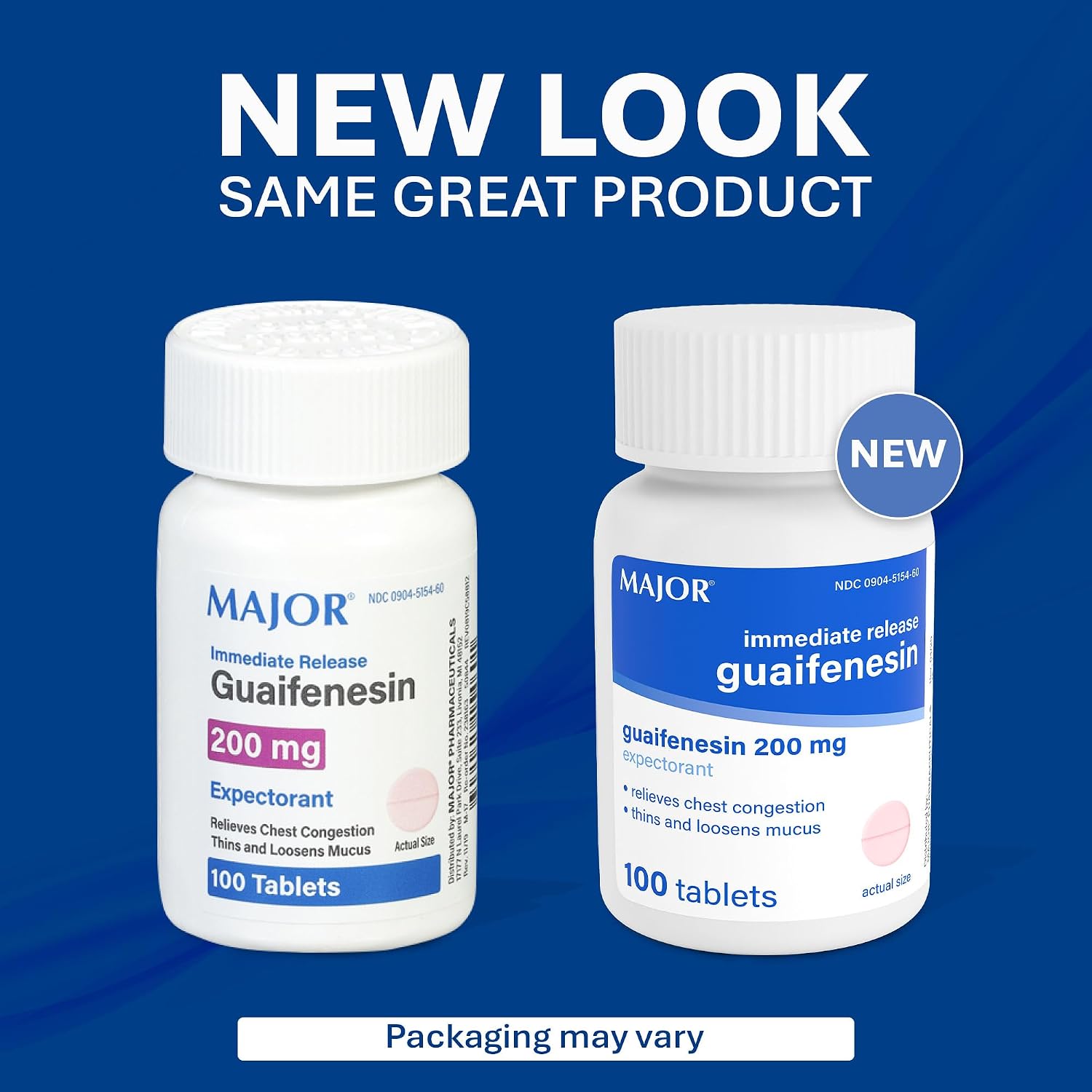 MAJOR Immediate Release Guaifenesin - Relieves Chest Congestion, Thins and Loosens Mucus - 200 mg - 100 Tablets (1 Pack)