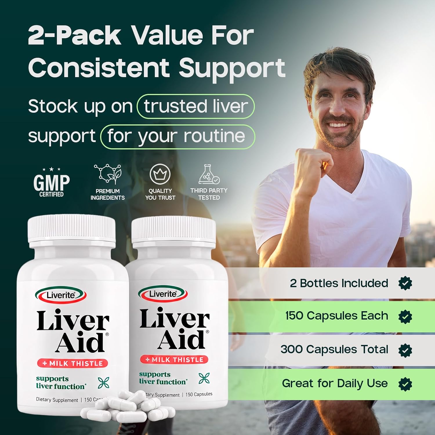 LIVERITE Liver Aid with Milk Thistle 60 Capsules, Liver Support Supplement with Amino Acids, Choline, Milk Thistle & Vitamin B12 – Supports Healthy Liver Function, Energy & Metabolism