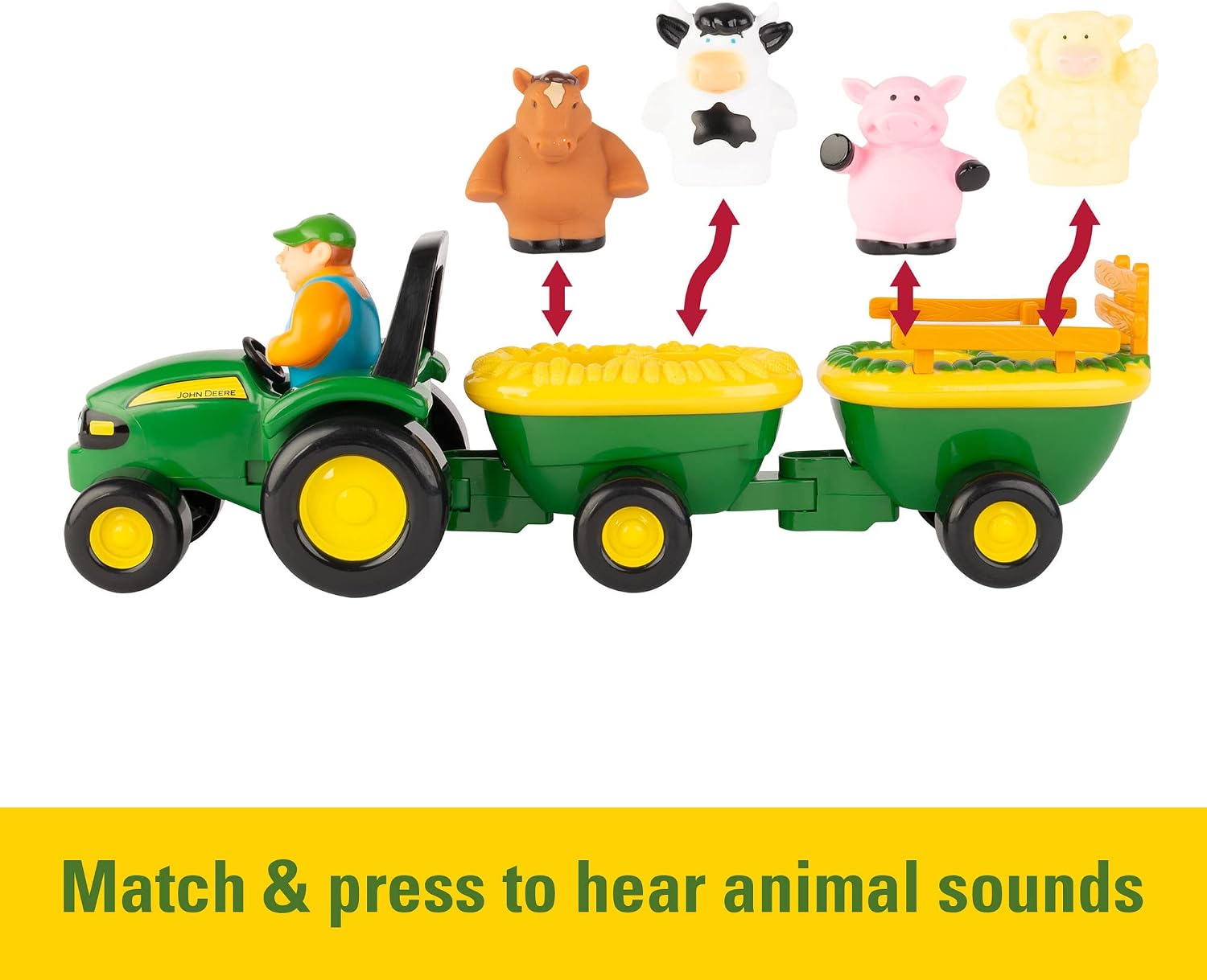 TOMY John Deere Animal Sounds Hayride Musical Tractor Toy - Musical Hayride Toddler Toys - Includes Farmer Figure, Tractor