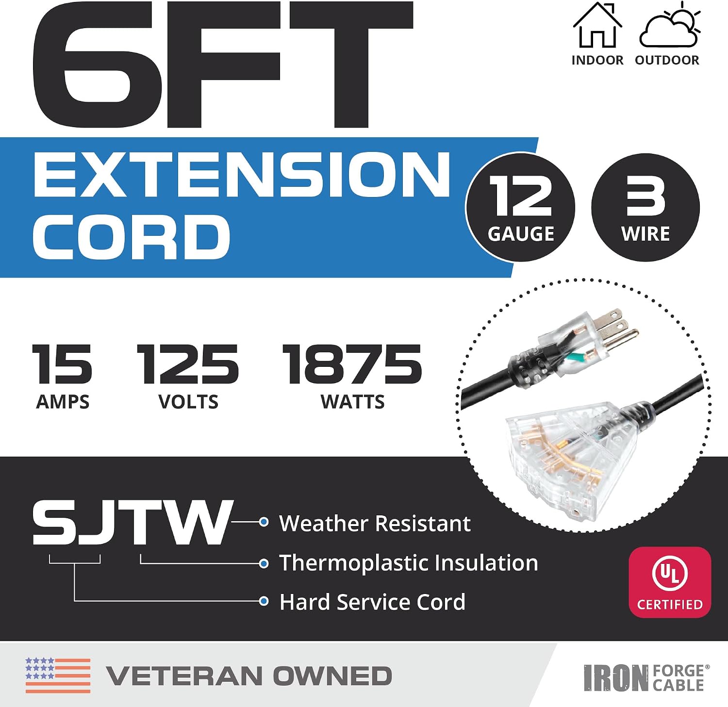 Iron Forge Cable 12 Gauge Extension Cord Multi Outlet, 10 Ft - Black SJTW